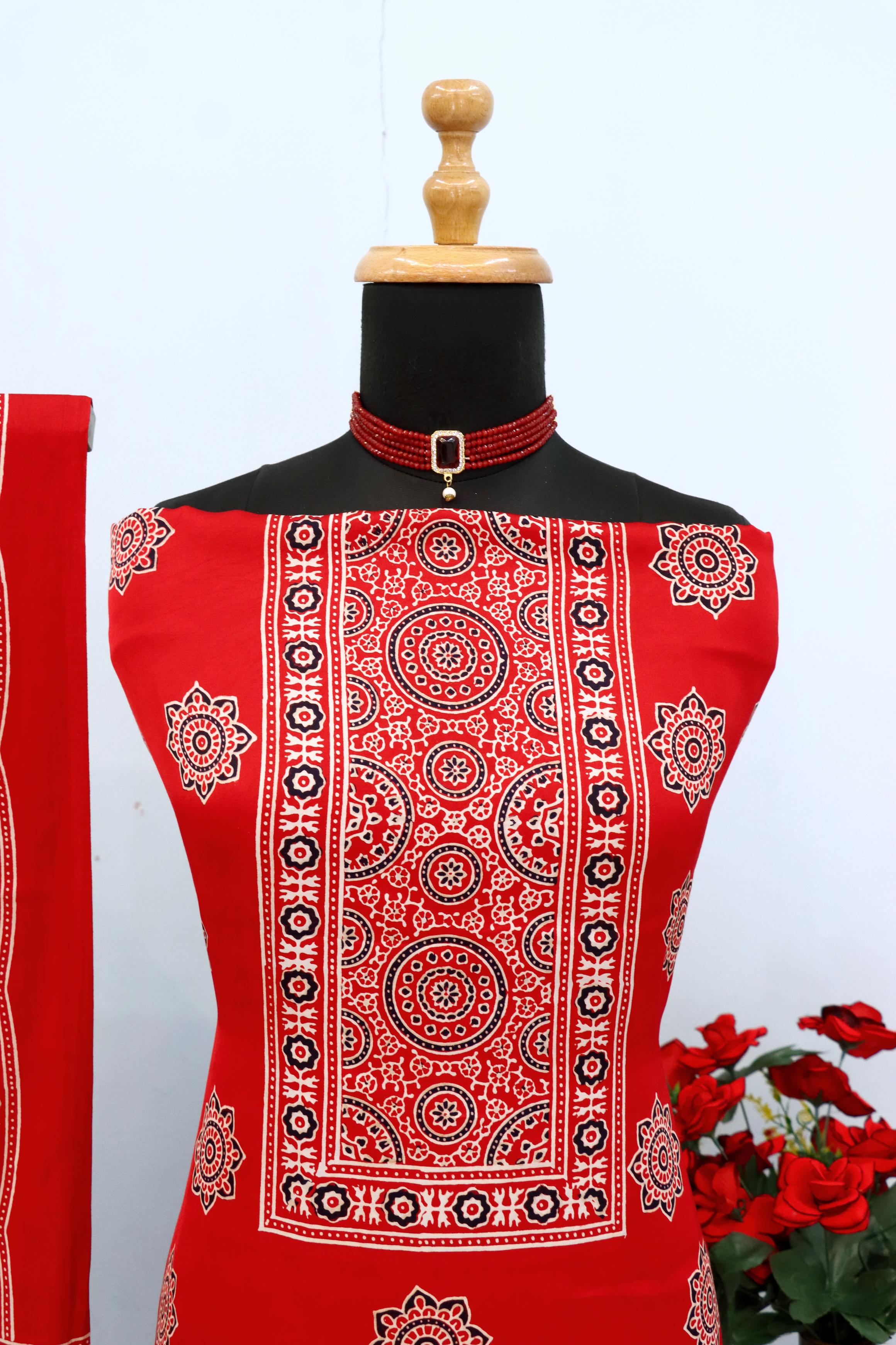 Captivating Red Original Natural Ajrakh Print 3 pc Pure Modal Silk Unstitched Suit Set