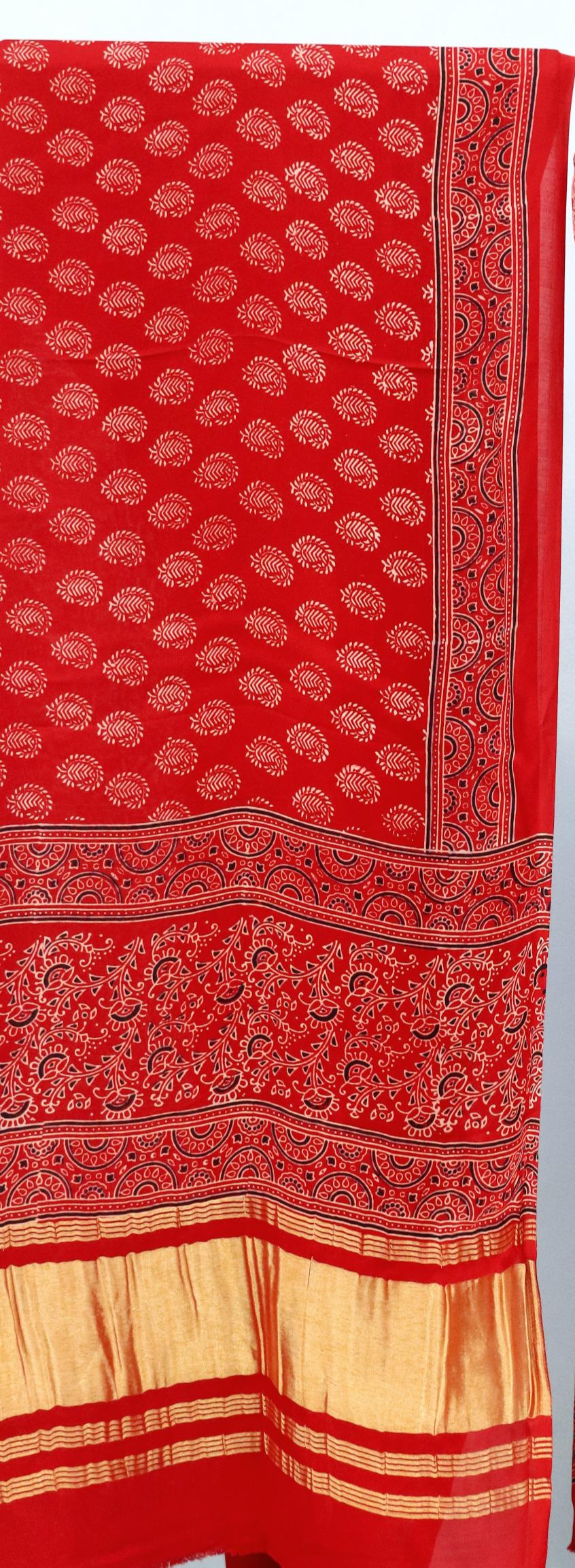Spectacular Red Original Natural Ajrakh Print 3 pc Pure Modal Silk Unstitched Suit Set
