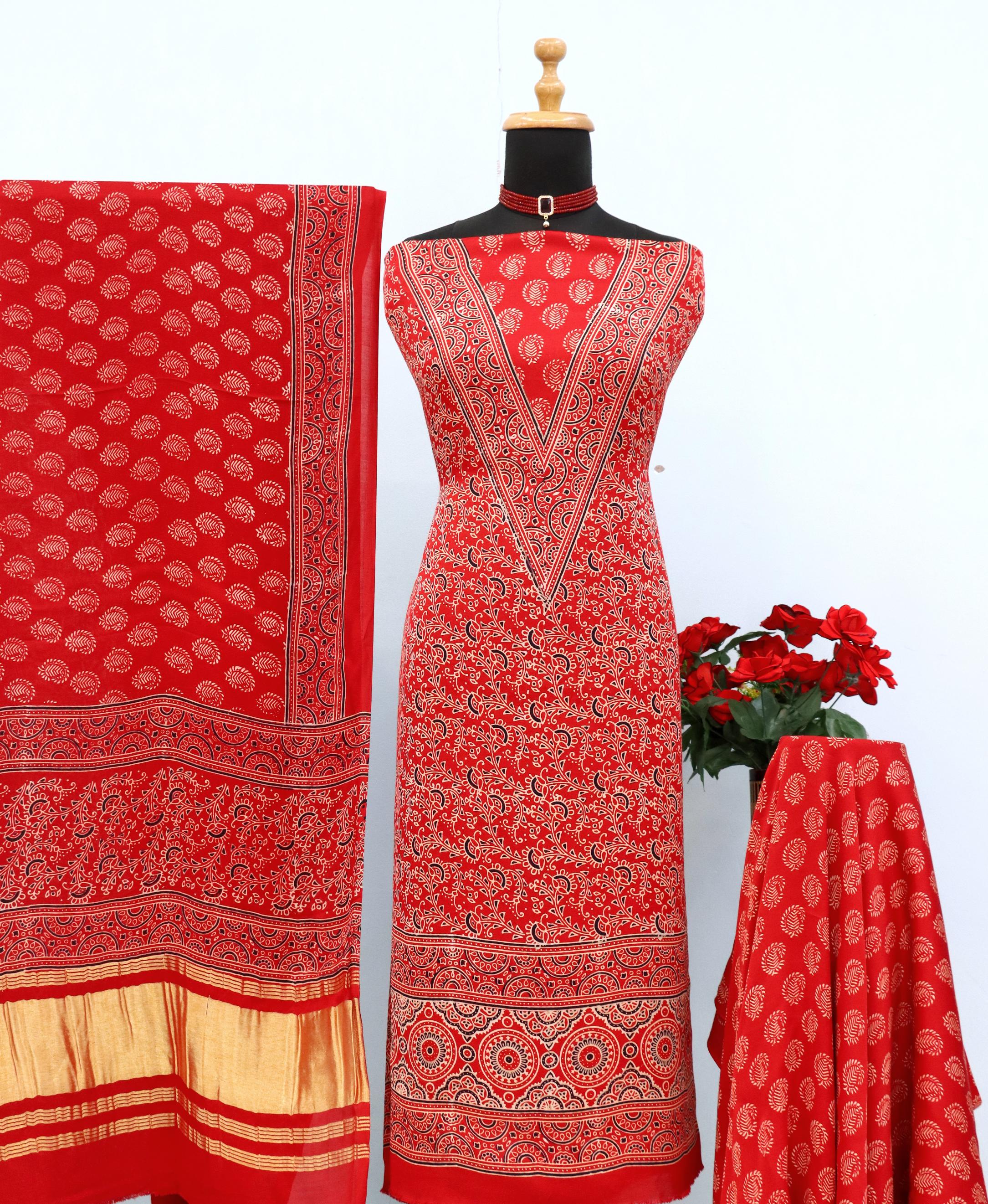 Spectacular Red Original Natural Ajrakh Print 3 pc Pure Modal Silk Unstitched Suit Set