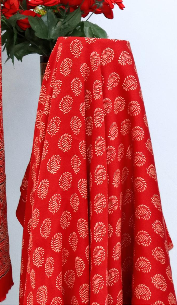 Spectacular Red Original Natural Ajrakh Print 3 pc Pure Modal Silk Unstitched Suit Set