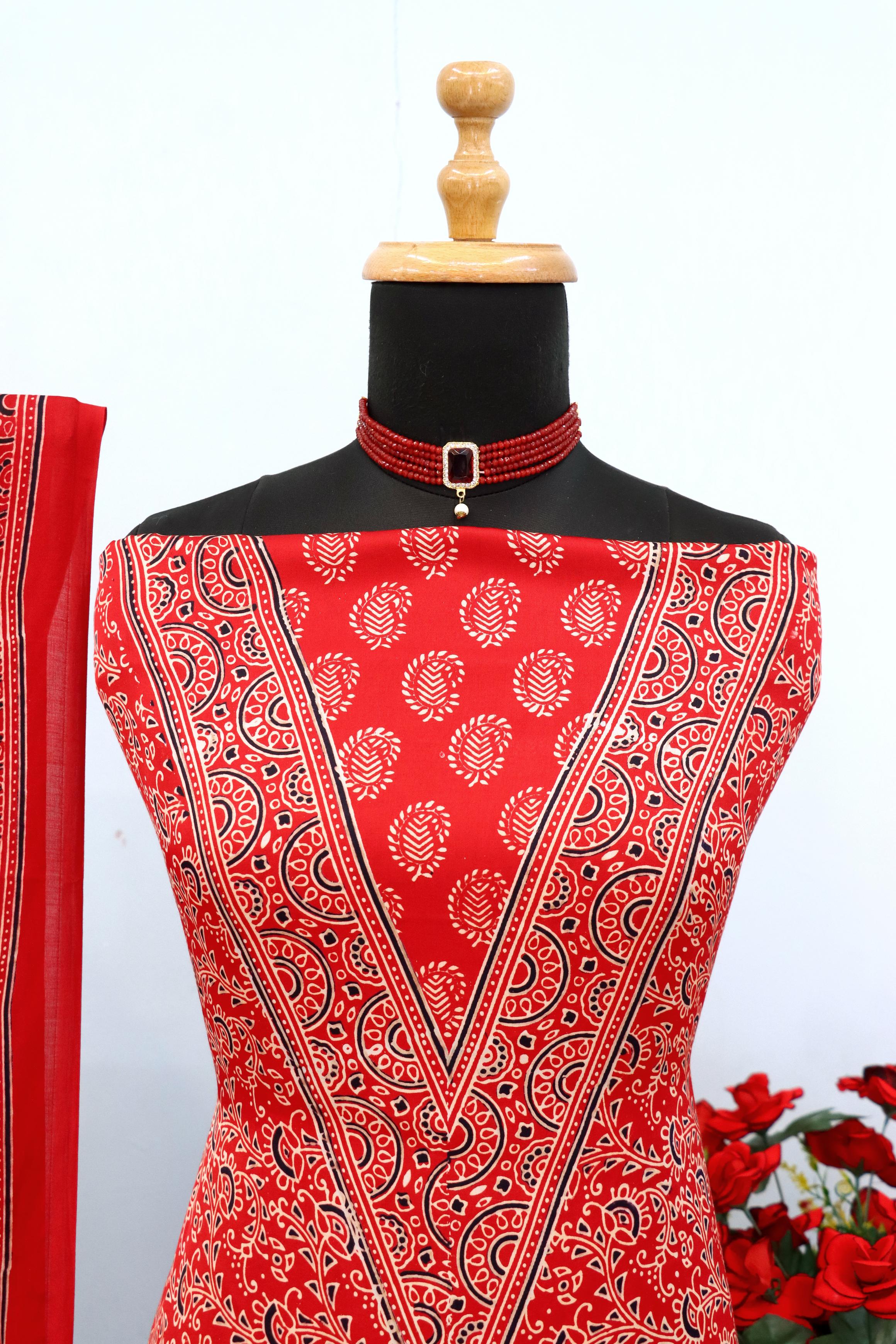 Spectacular Red Original Natural Ajrakh Print 3 pc Pure Modal Silk Unstitched Suit Set