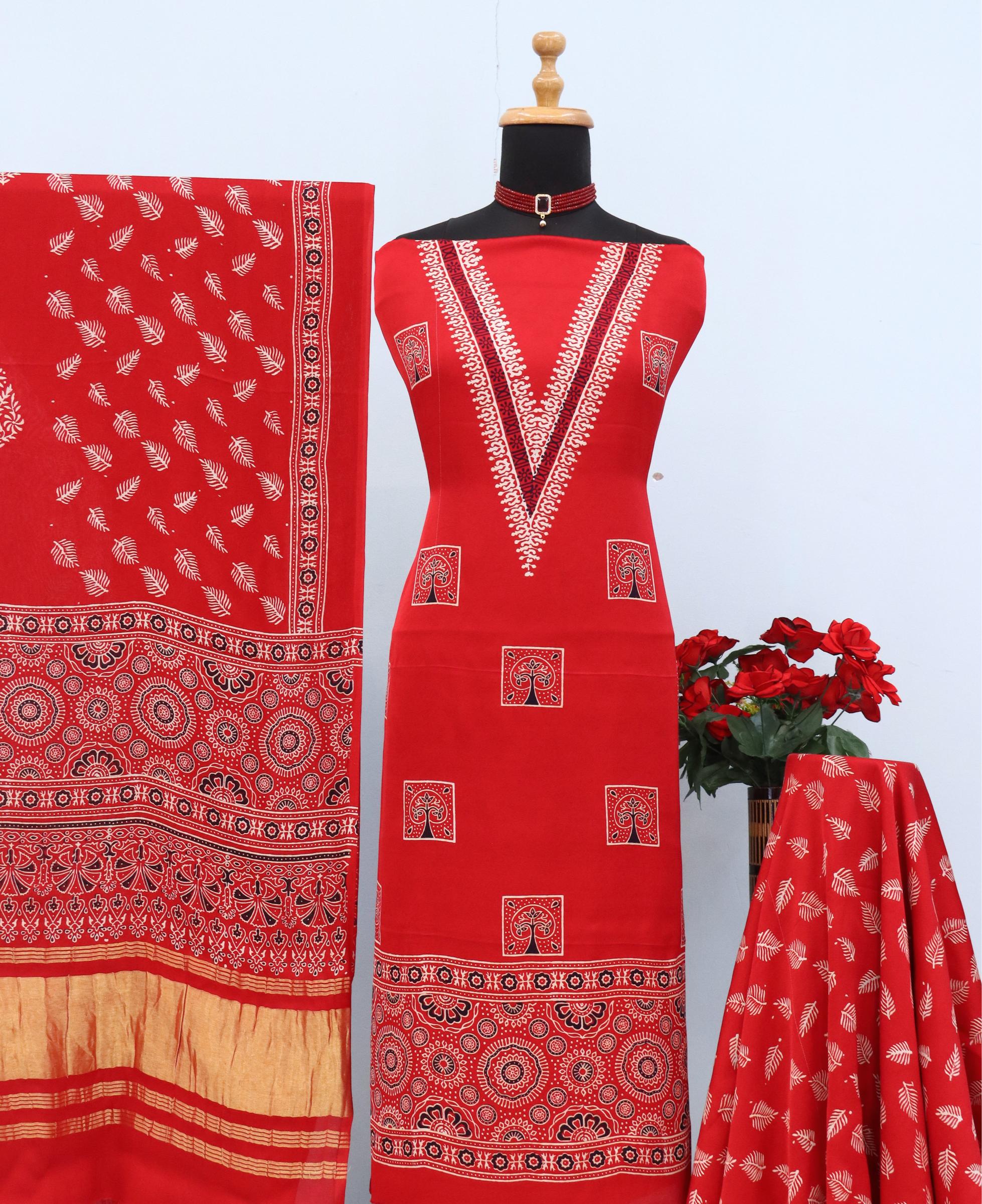 Enchanting Red Original Natural Ajrakh Print 3 pc Pure Modal Silk Unstitched Suit Set