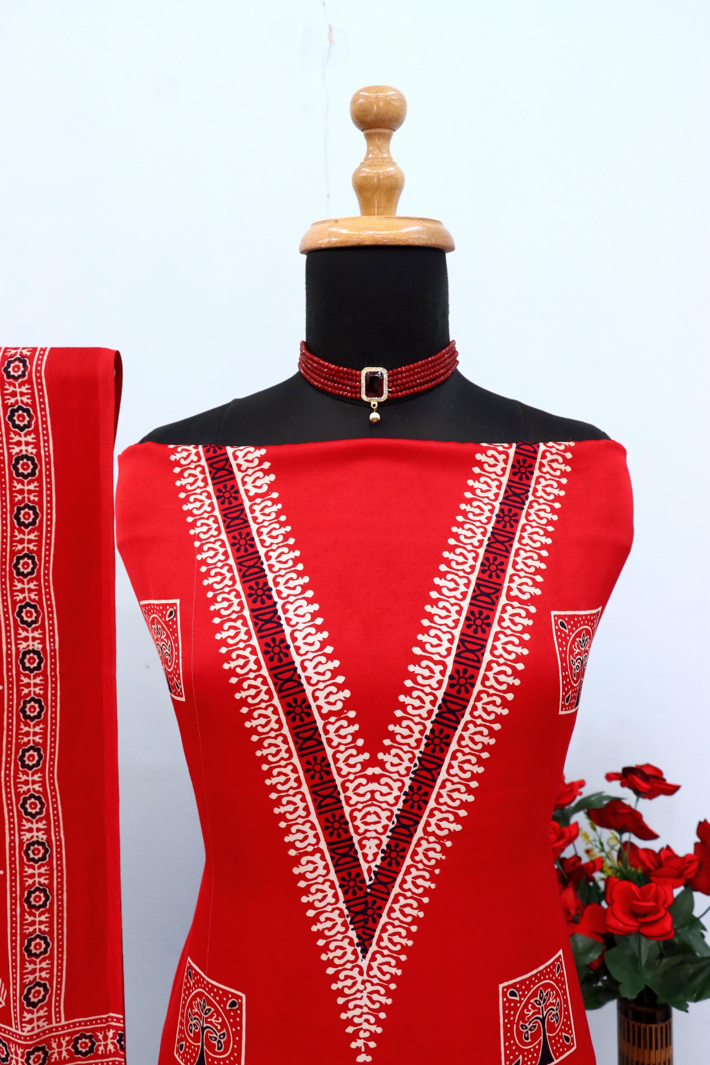 Enchanting Red Original Natural Ajrakh Print 3 pc Pure Modal Silk Unstitched Suit Set