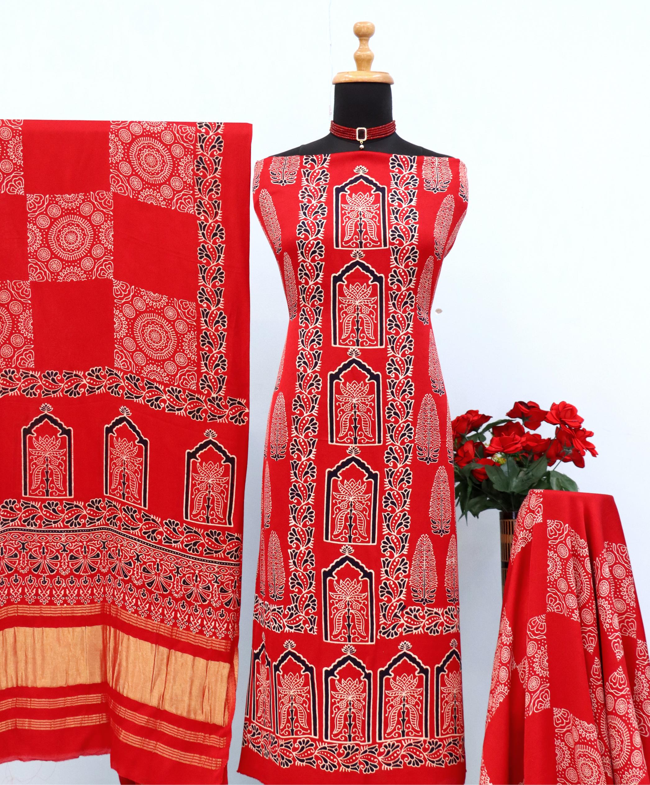 Charming Red Original Natural Ajrakh Print 3 pc Pure Modal Silk Unstitched Suit Set