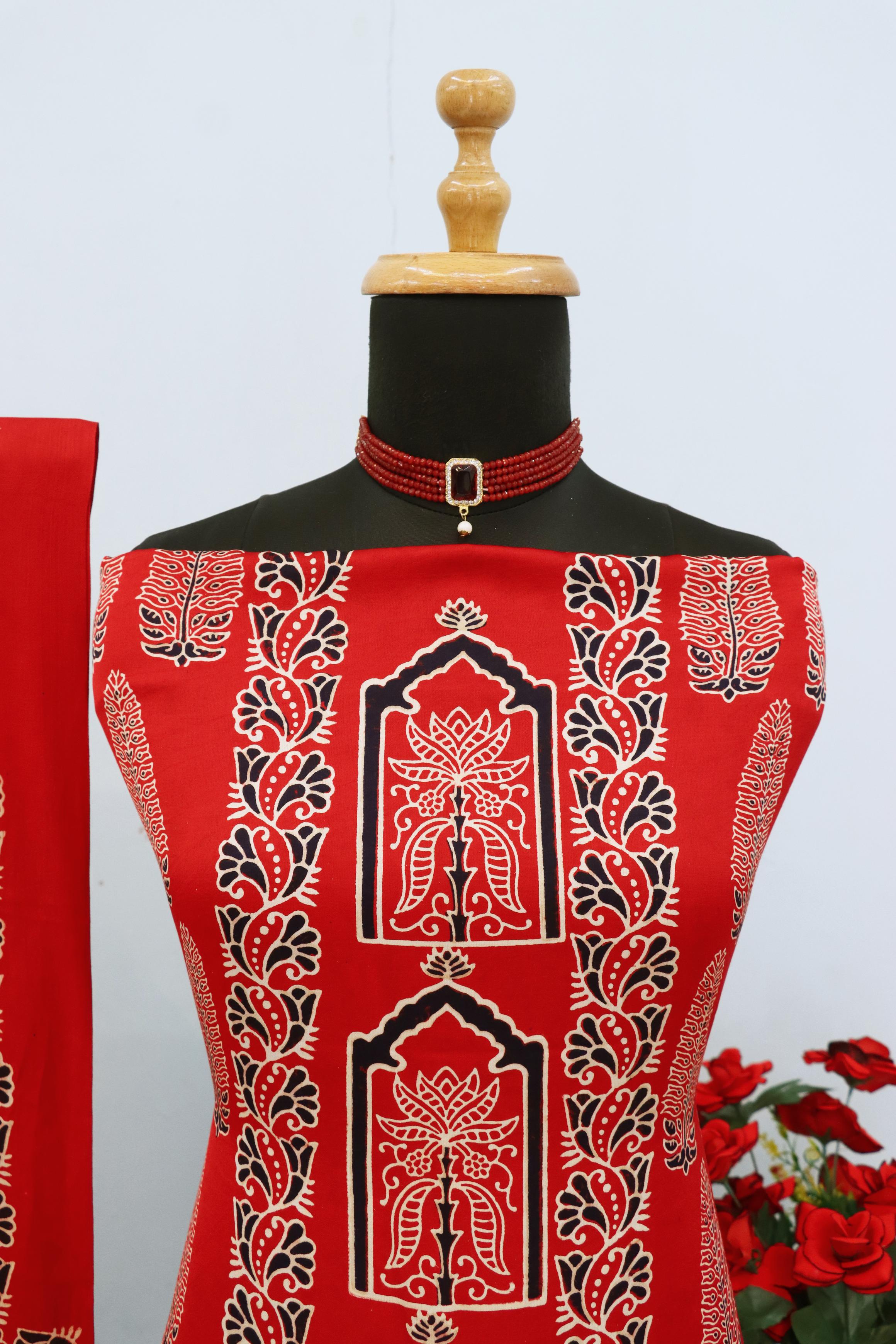 Charming Red Original Natural Ajrakh Print 3 pc Pure Modal Silk Unstitched Suit Set