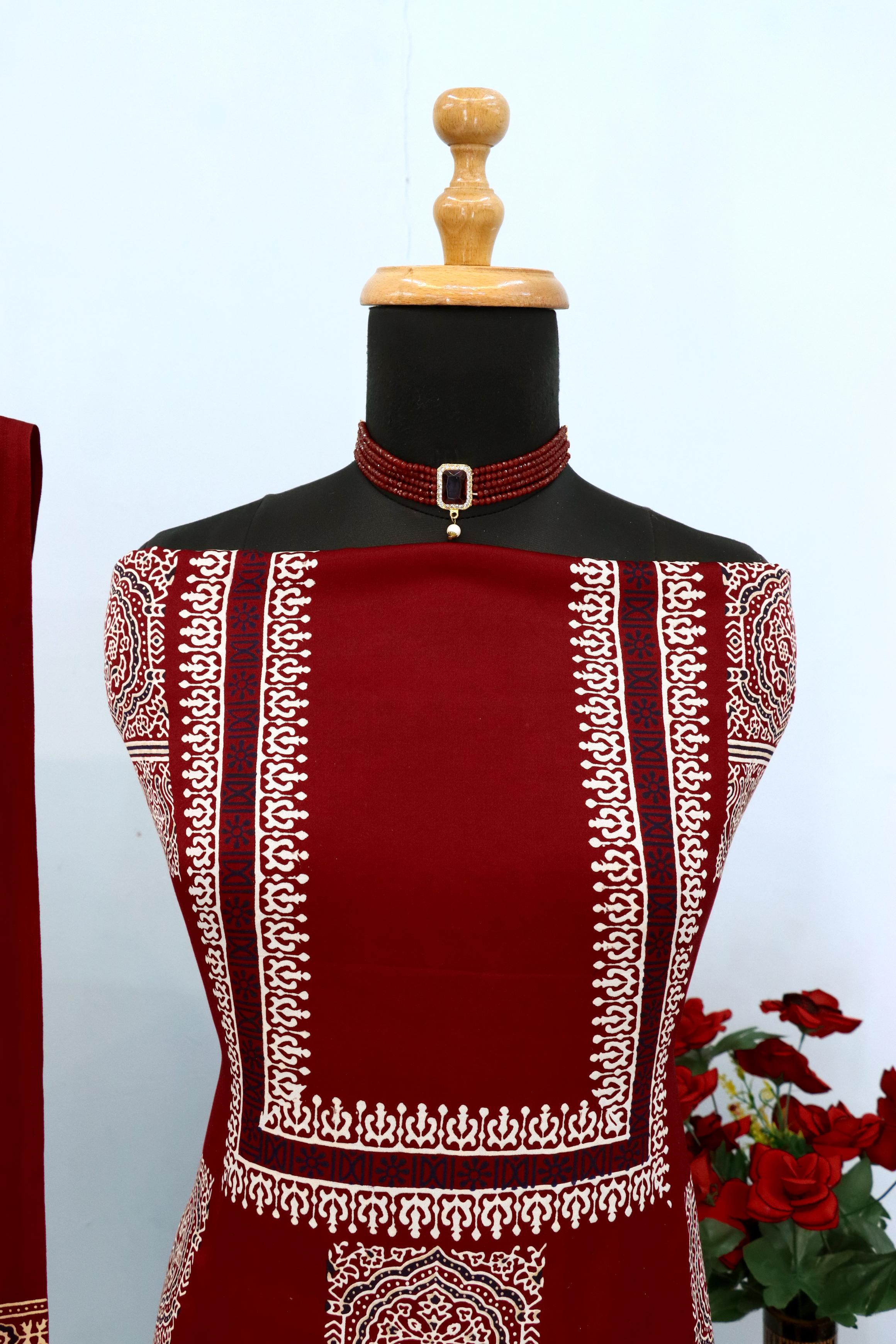 Decorative Maroon Original Natural Ajrakh Print 3 pc Pure Modal Silk Unstitched Suit Set