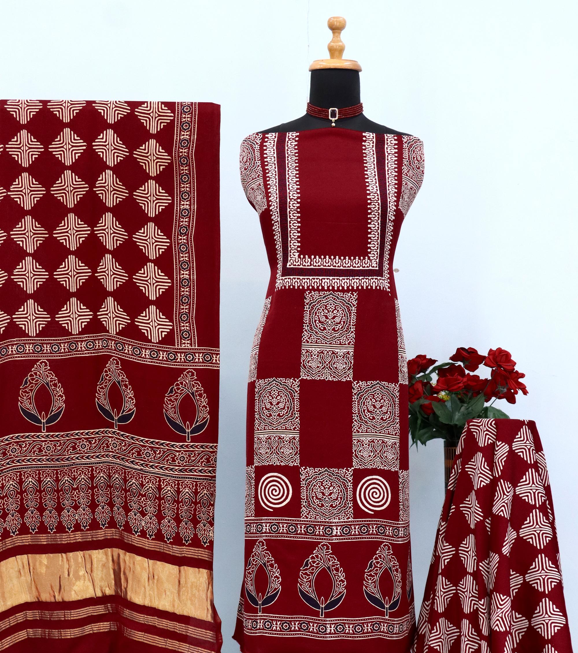 Decorative Maroon Original Natural Ajrakh Print 3 pc Pure Modal Silk Unstitched Suit Set
