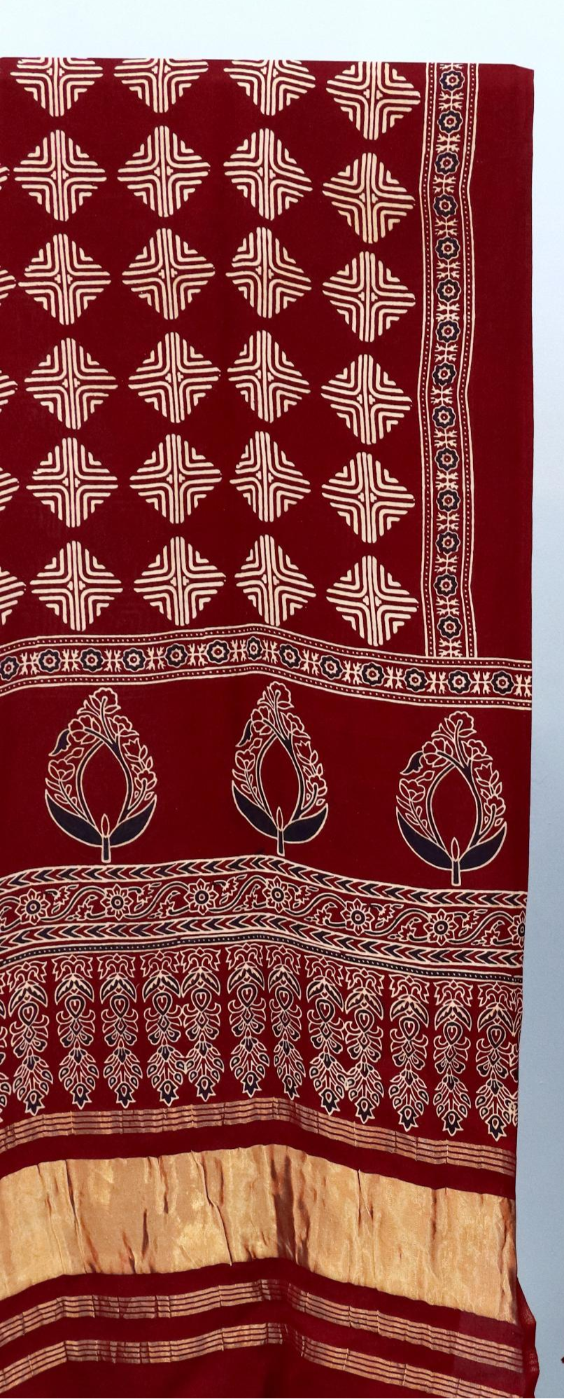 Decorative Maroon Original Natural Ajrakh Print 3 pc Pure Modal Silk Unstitched Suit Set