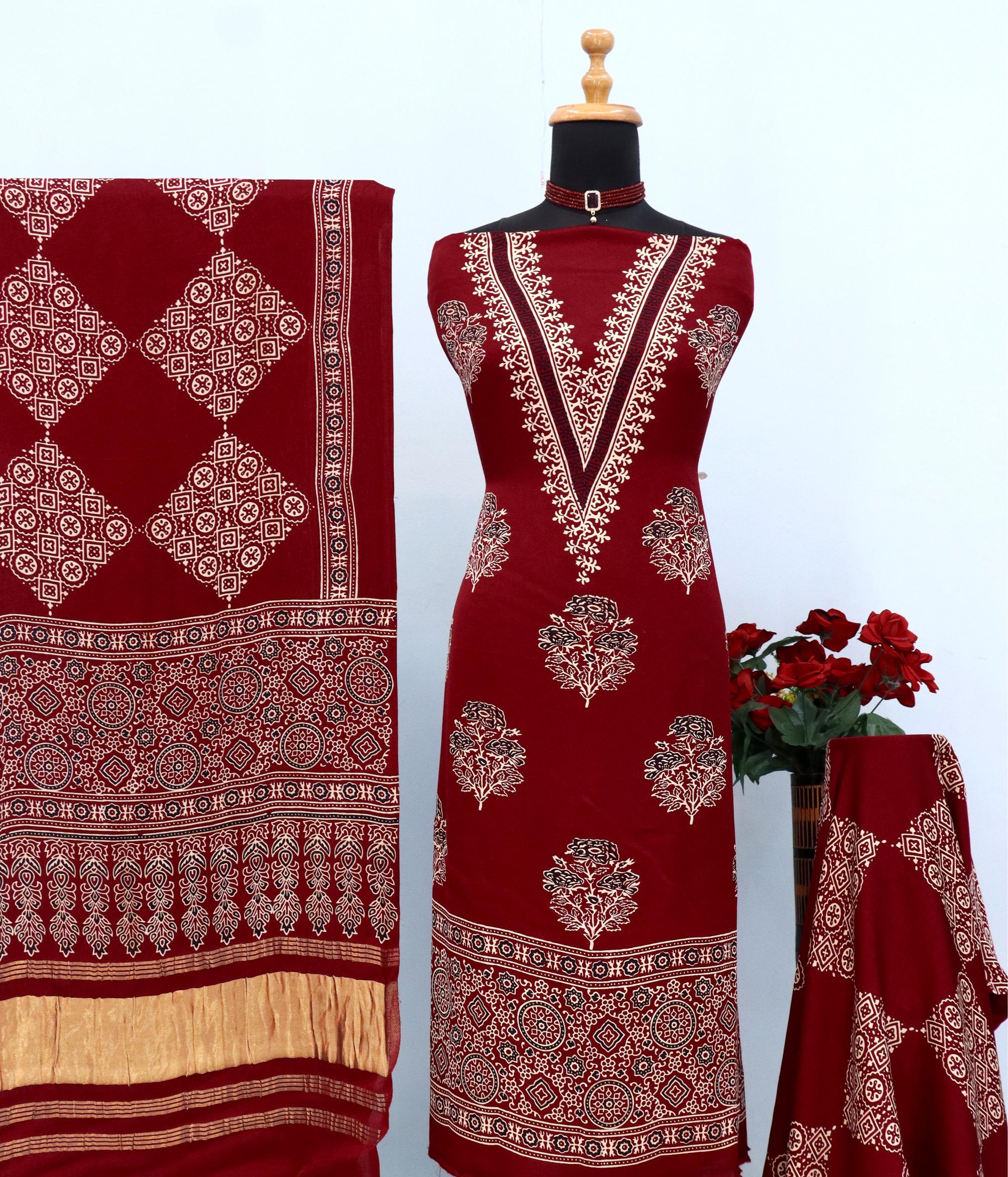 Exemplary Maroon Original Natural Ajrakh Print 3 pc Pure Modal Silk Unstitched Suit Set