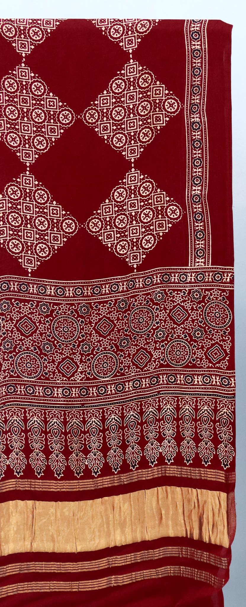 Exemplary Maroon Original Natural Ajrakh Print 3 pc Pure Modal Silk Unstitched Suit Set