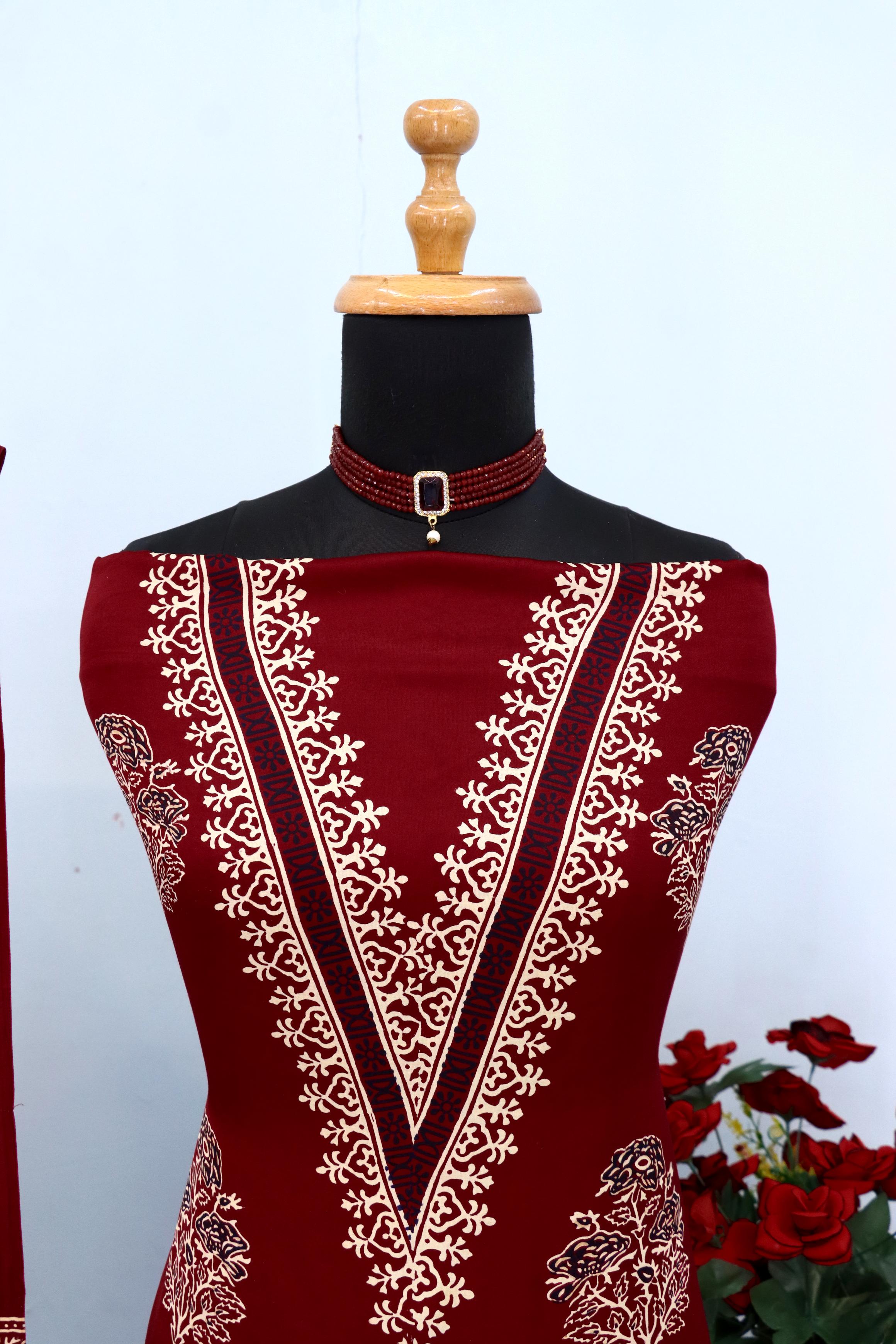 Exemplary Maroon Original Natural Ajrakh Print 3 pc Pure Modal Silk Unstitched Suit Set