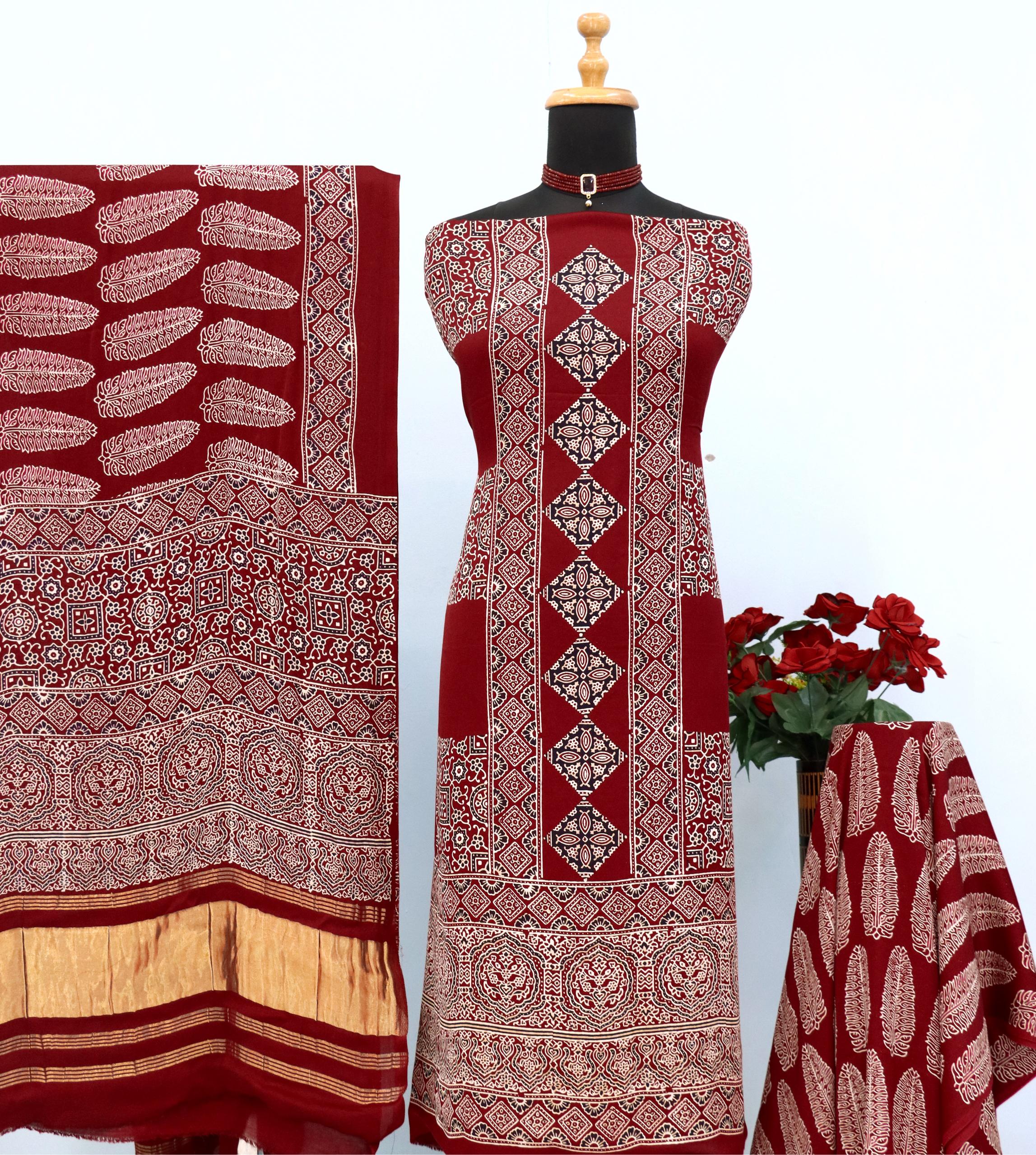 Elegant Maroon Original Natural Ajrakh Print 3 pc Pure Modal Silk Unstitched Suit Set