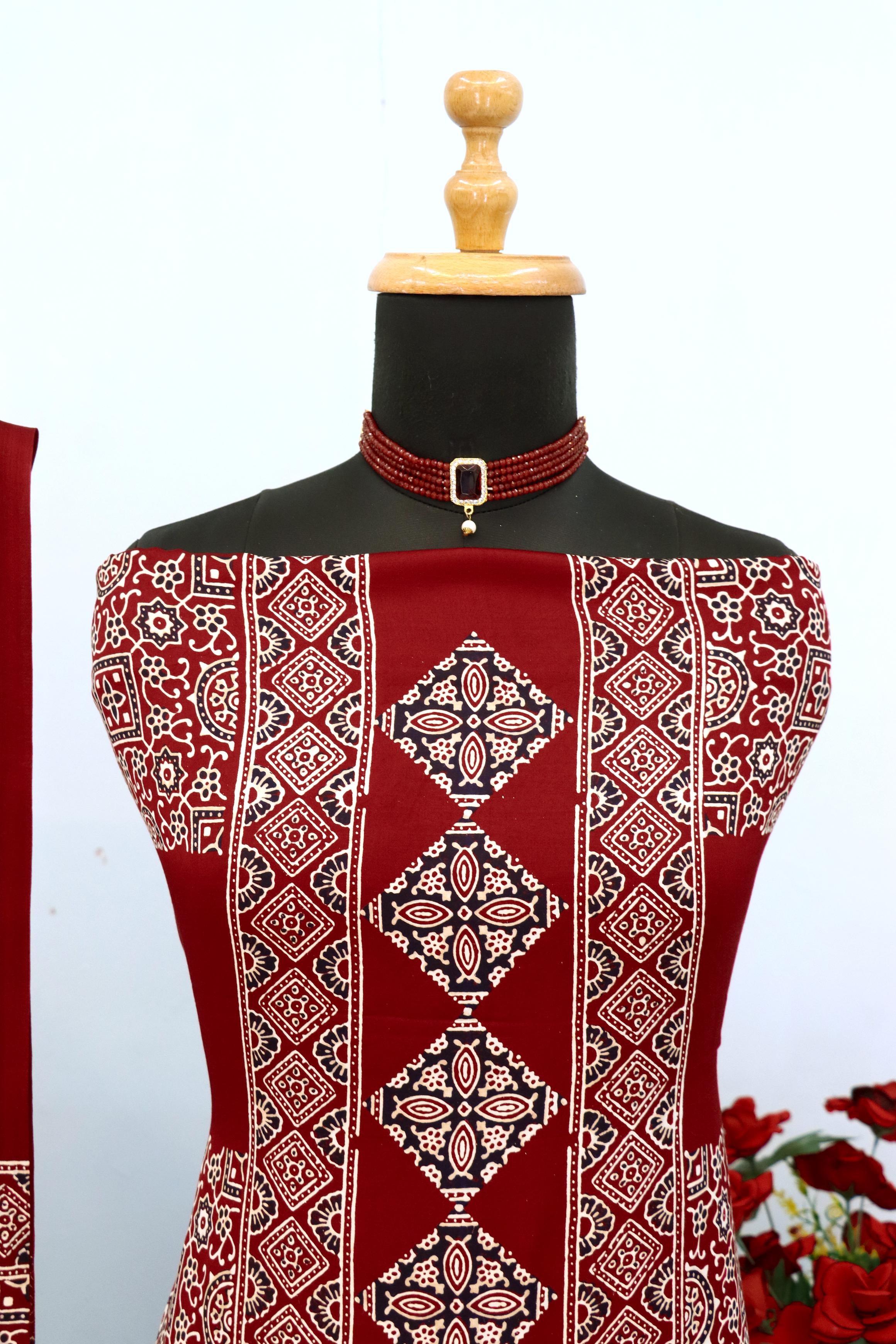 Elegant Maroon Original Natural Ajrakh Print 3 pc Pure Modal Silk Unstitched Suit Set