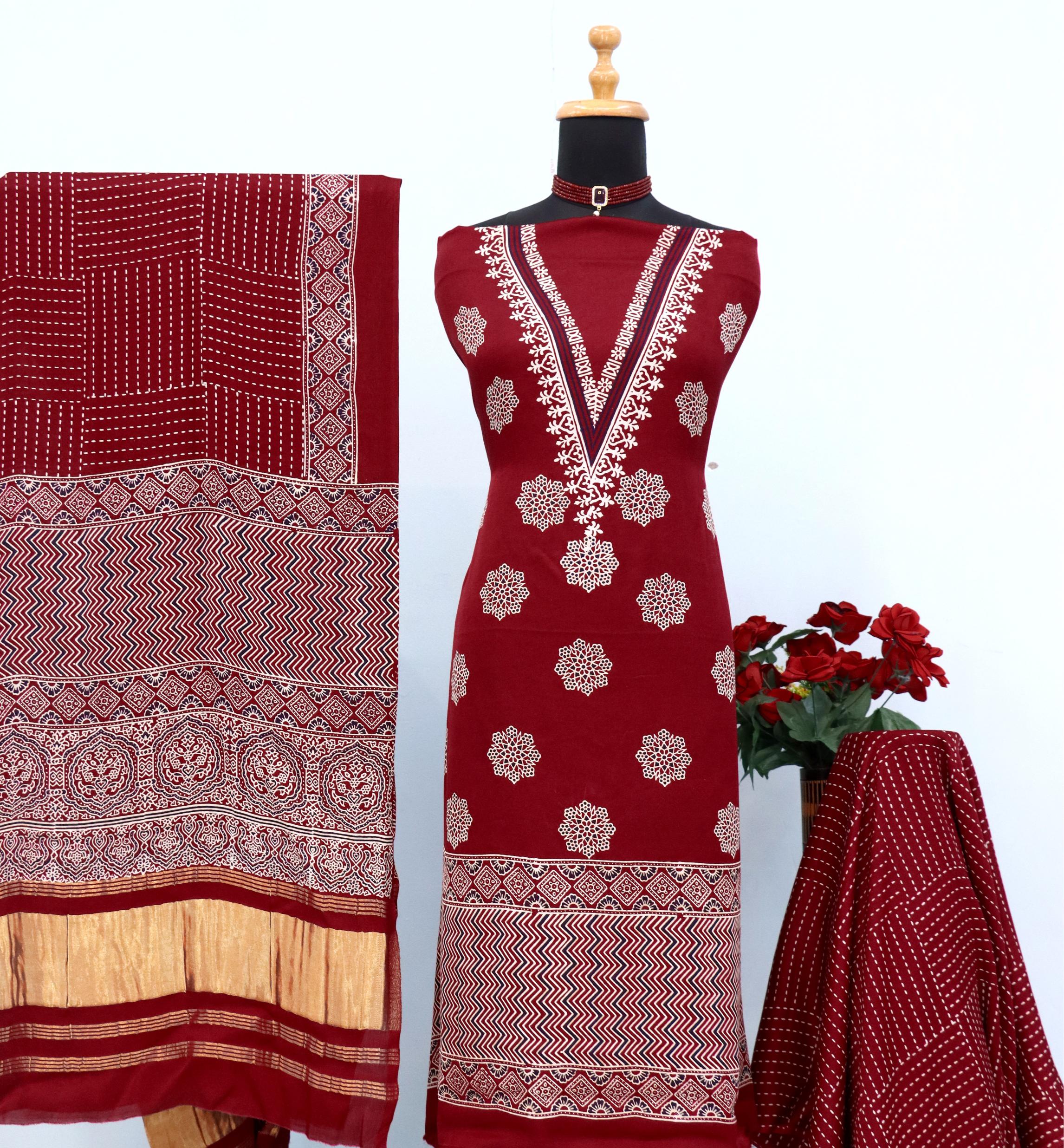 Stunning Maroon Original Natural Ajrakh Print 3 pc Pure Modal Silk Unstitched Suit Set