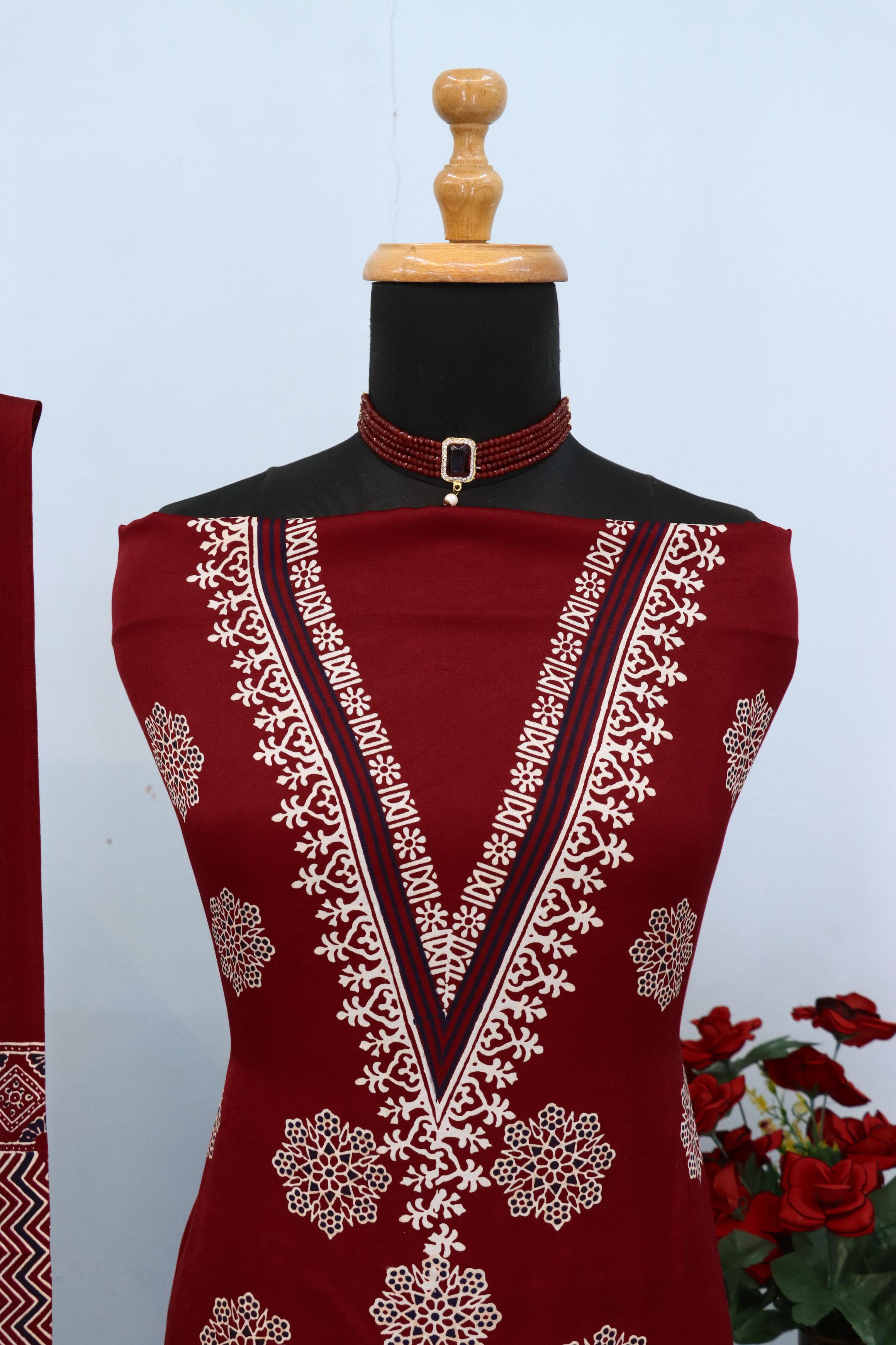 Stunning Maroon Original Natural Ajrakh Print 3 pc Pure Modal Silk Unstitched Suit Set