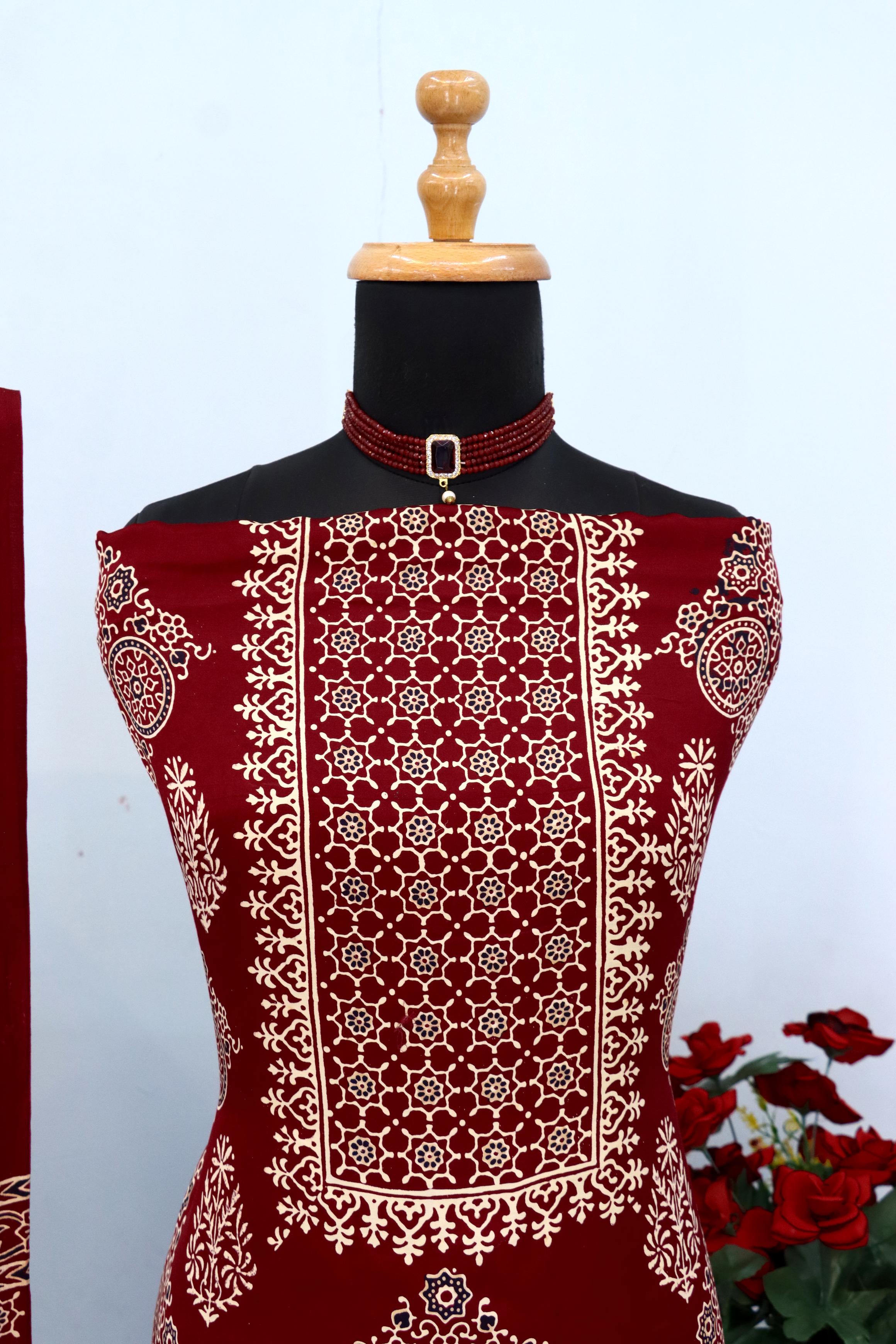 Deserving Maroon Original Natural Ajrakh Print 3 pc Pure Modal Silk Unstitched Suit Set