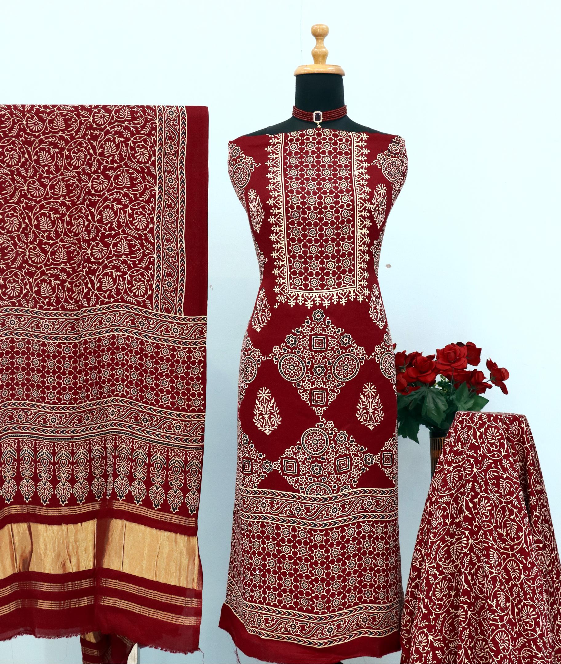 Deserving Maroon Original Natural Ajrakh Print 3 pc Pure Modal Silk Unstitched Suit Set