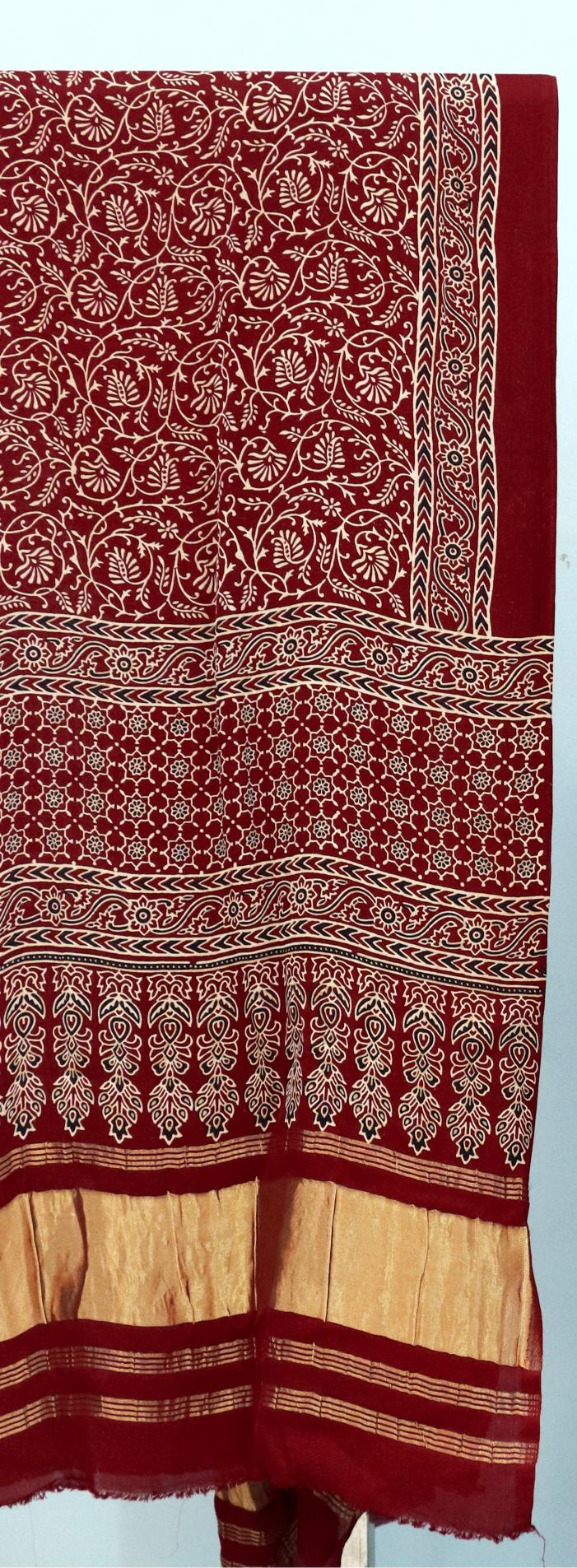 Deserving Maroon Original Natural Ajrakh Print 3 pc Pure Modal Silk Unstitched Suit Set