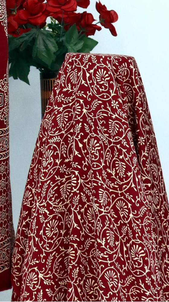 Deserving Maroon Original Natural Ajrakh Print 3 pc Pure Modal Silk Unstitched Suit Set