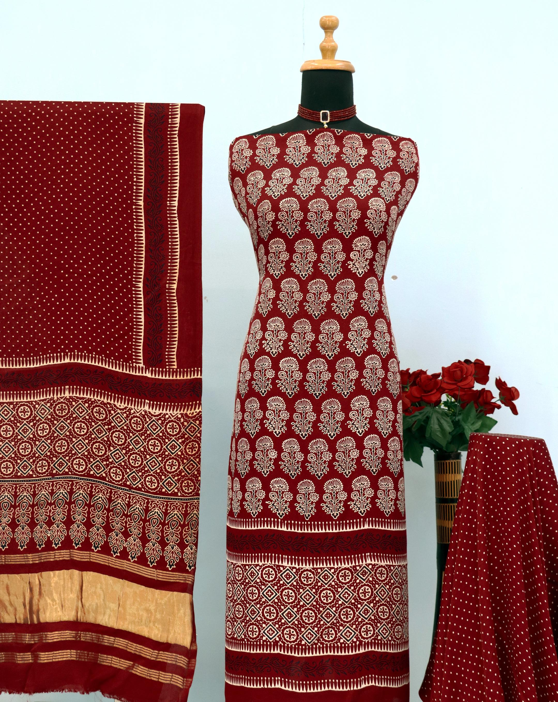 Fabulous Maroon Original Natural Ajrakh Print 3 pc Pure Modal Silk Unstitched Suit Set