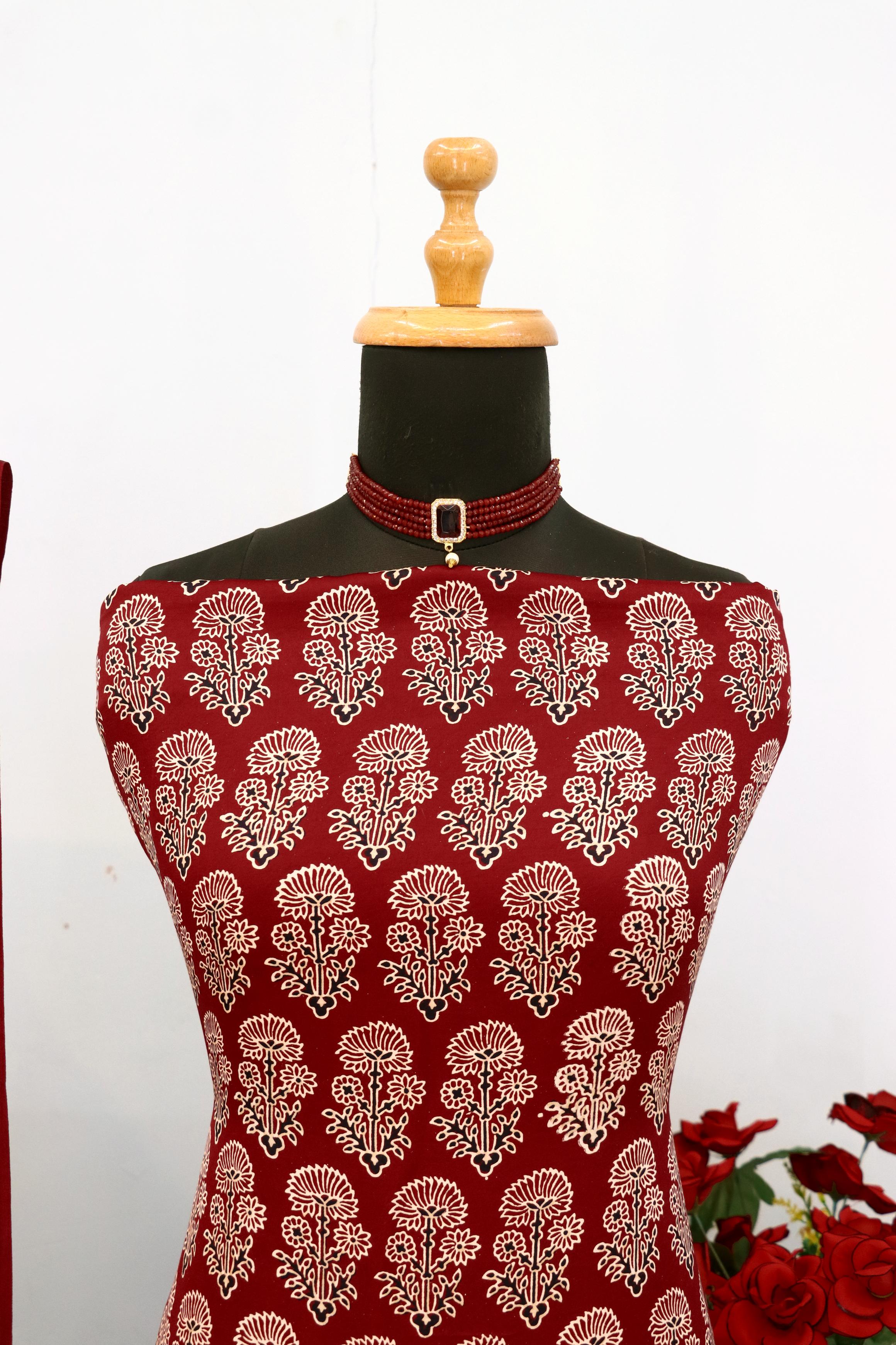 Fabulous Maroon Original Natural Ajrakh Print 3 pc Pure Modal Silk Unstitched Suit Set