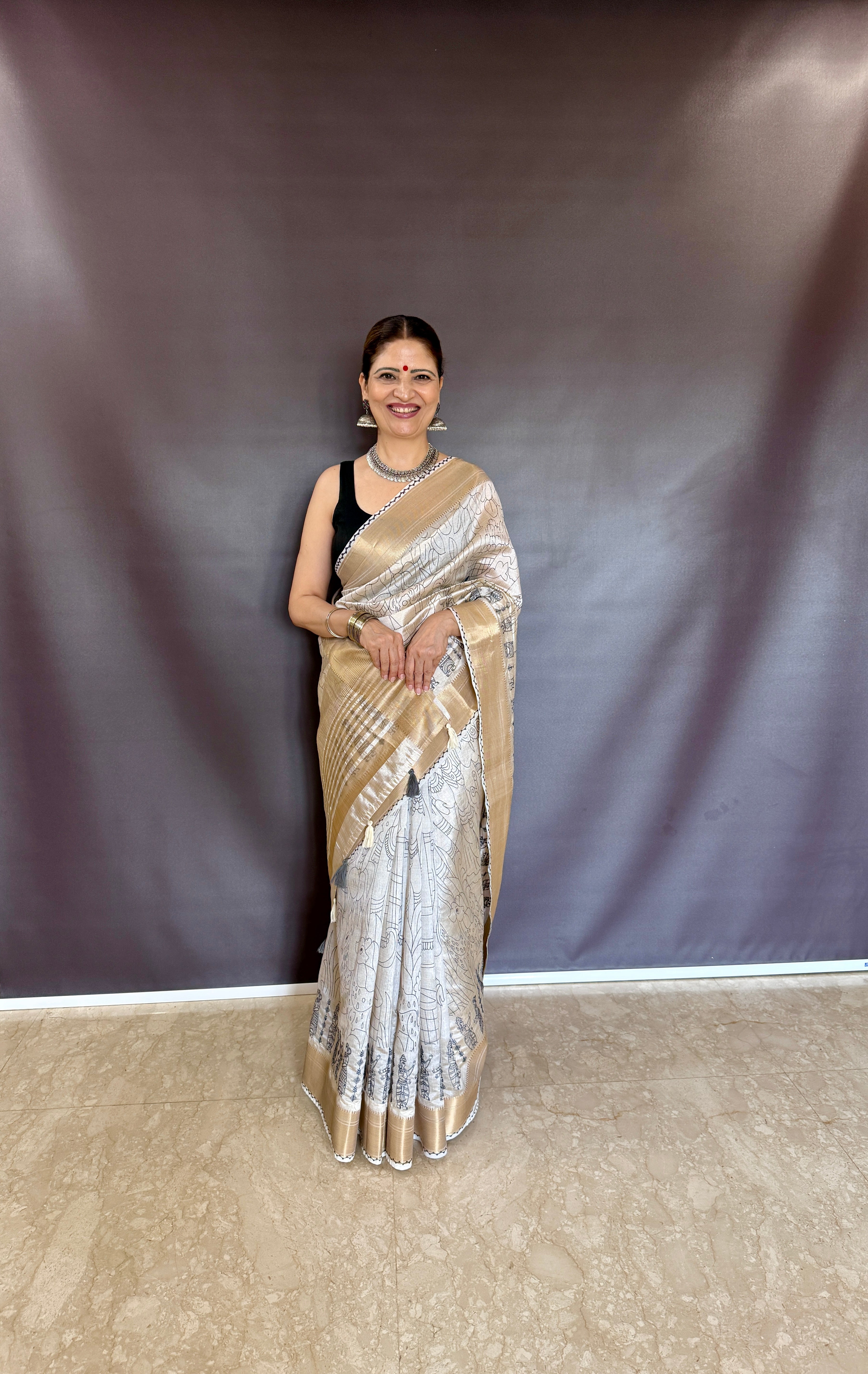 Summer Special Blue Hand Block With Work Linen Silk Saree
