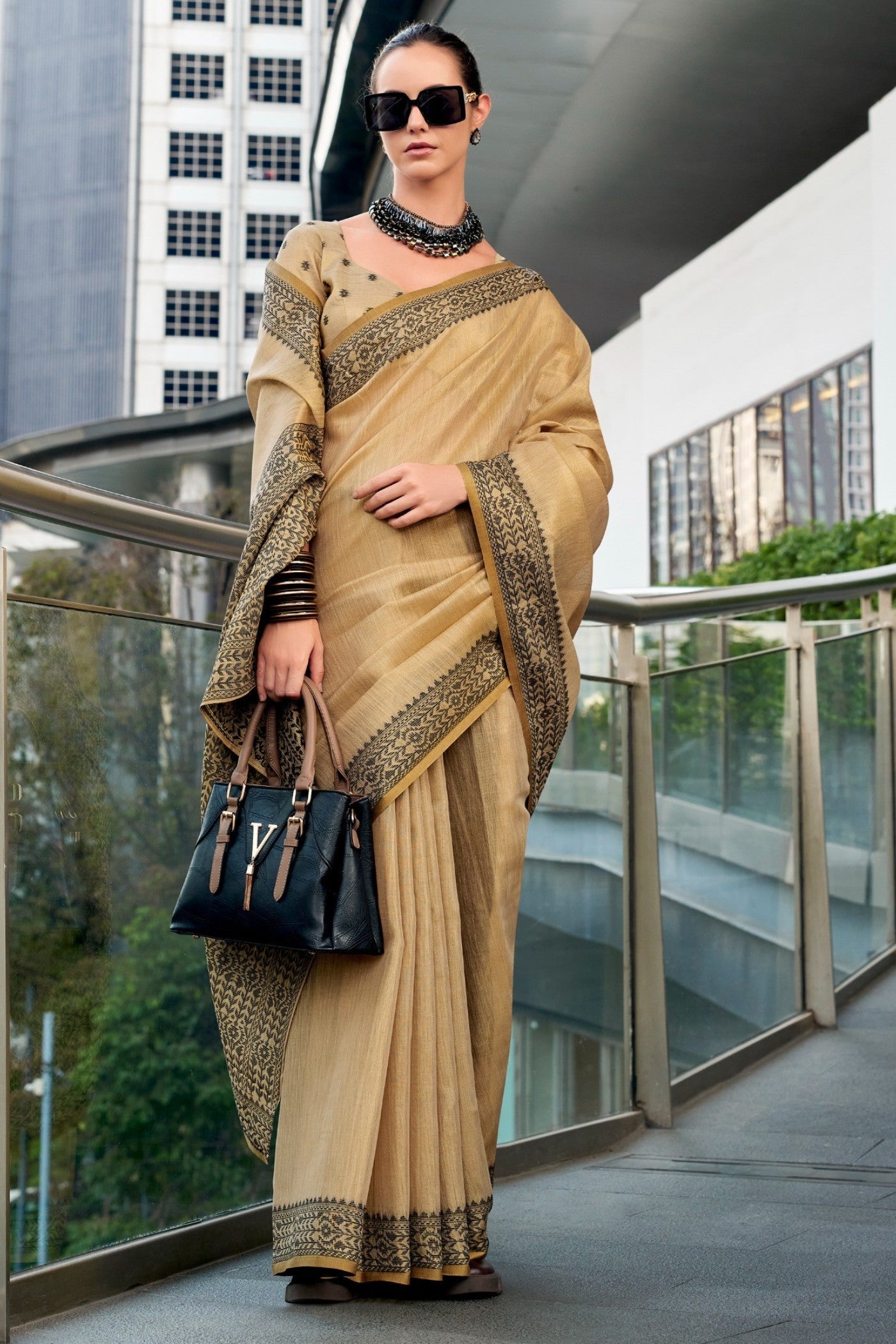 BlackBerry Cream Pure Linen Tissue Silk Woven Saree