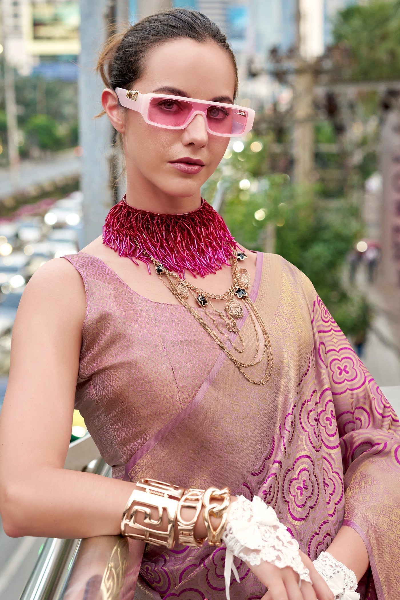 Butterscotch Lavender Kanchivaram Buttery Silk Weaving Saree