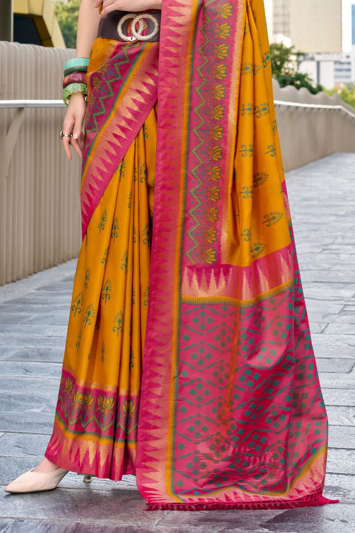 Qutub Minar Yellow Pure Soft Banarasi Silk Ikkat Weaving Saree