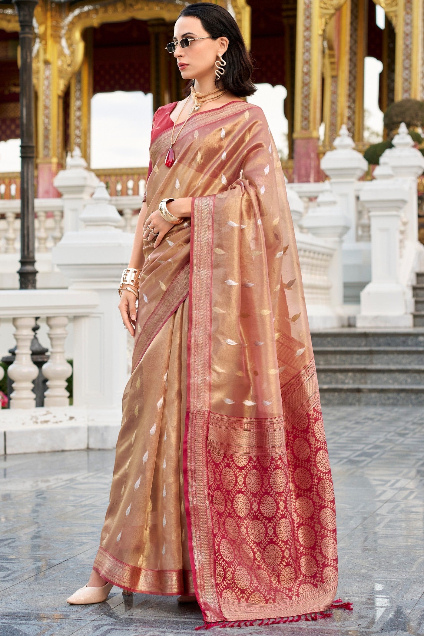 Royal Red Tissues Silk Zari Booti Woven Saree