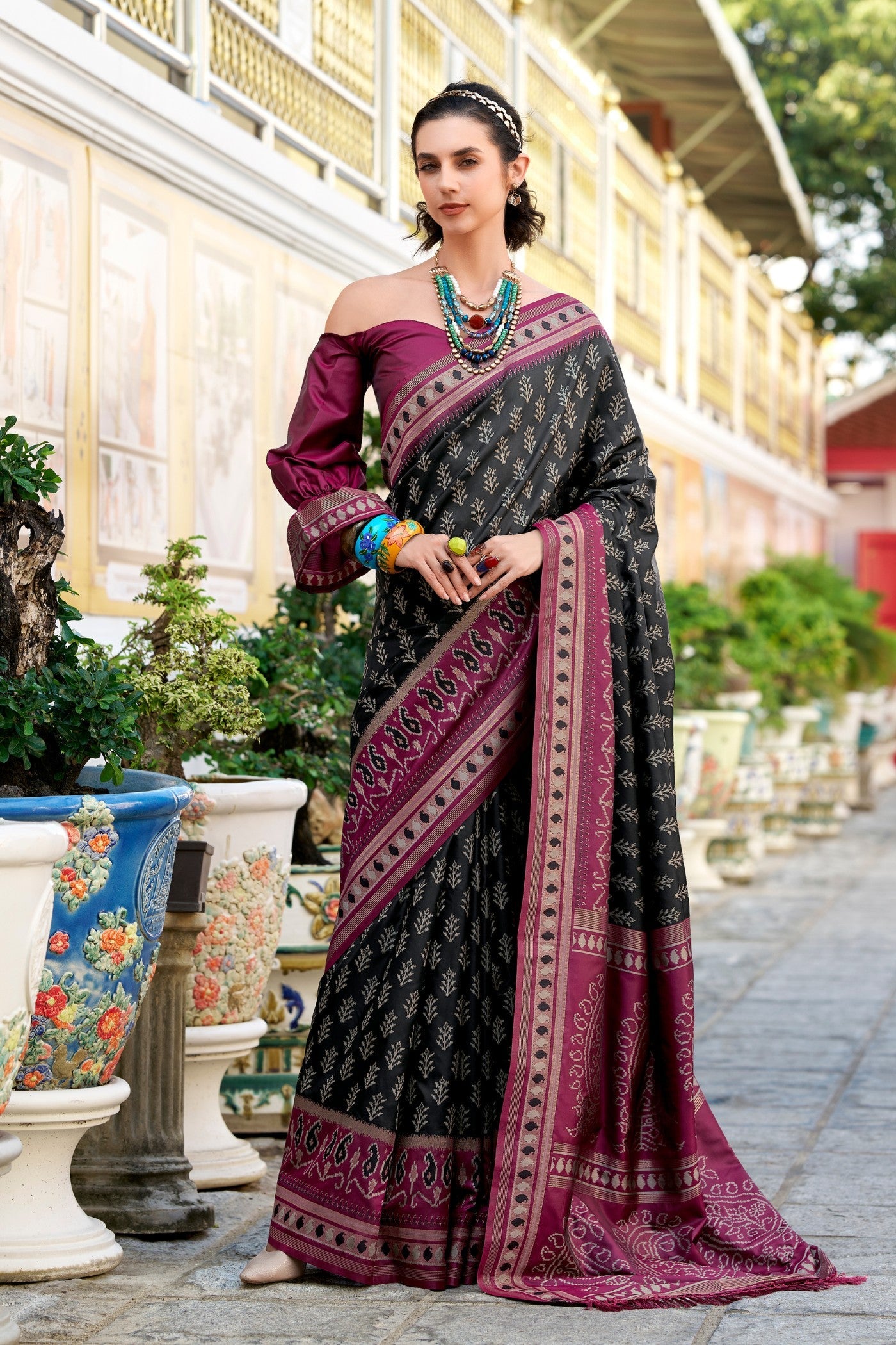 Taj Mahal Black Soft Banarasi Ikkat Silk Woven Saree