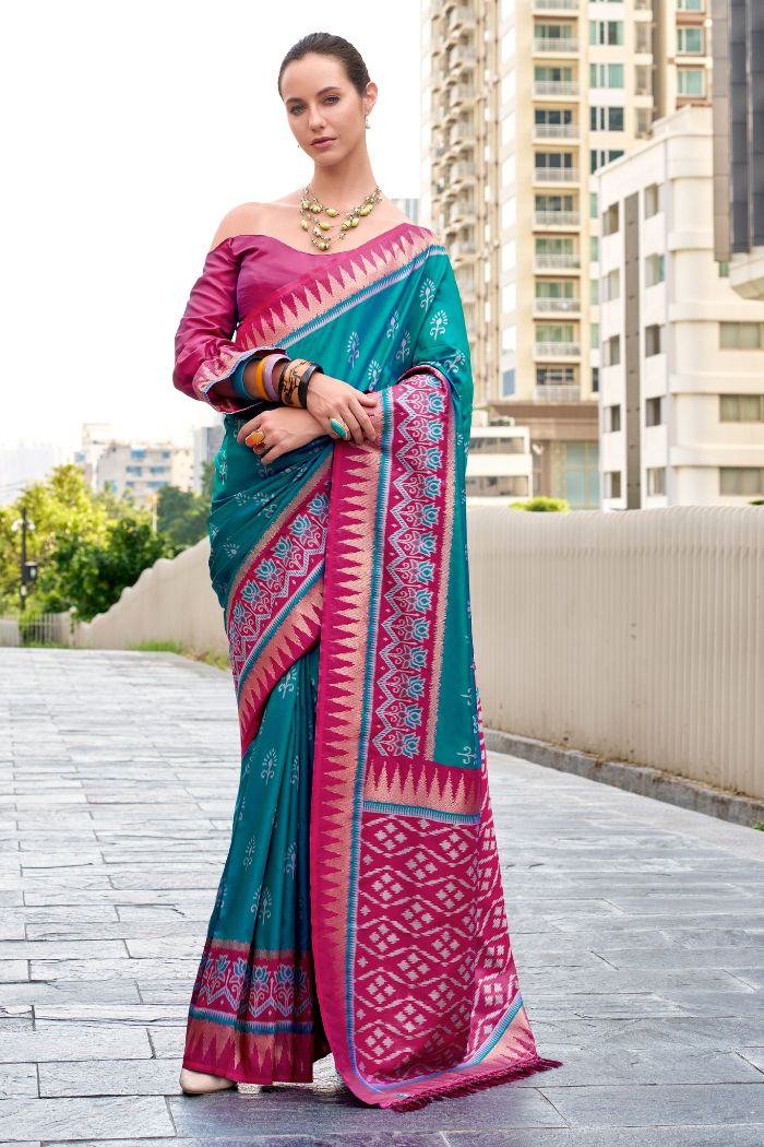 Qutub Minar Rama Pure Soft Banarasi Silk Ikkat Weaving Saree