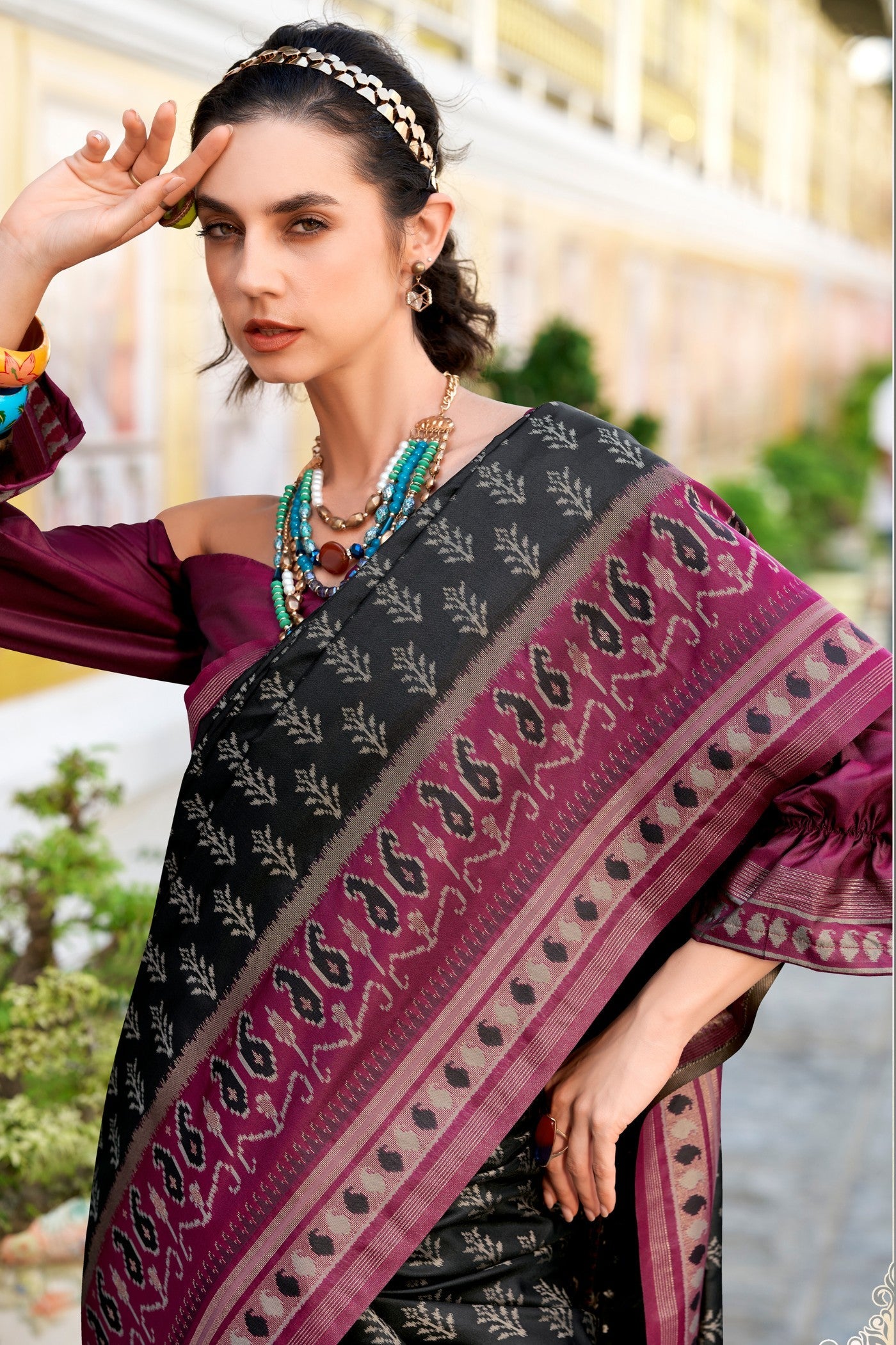 Taj Mahal Black Soft Banarasi Ikkat Silk Woven Saree