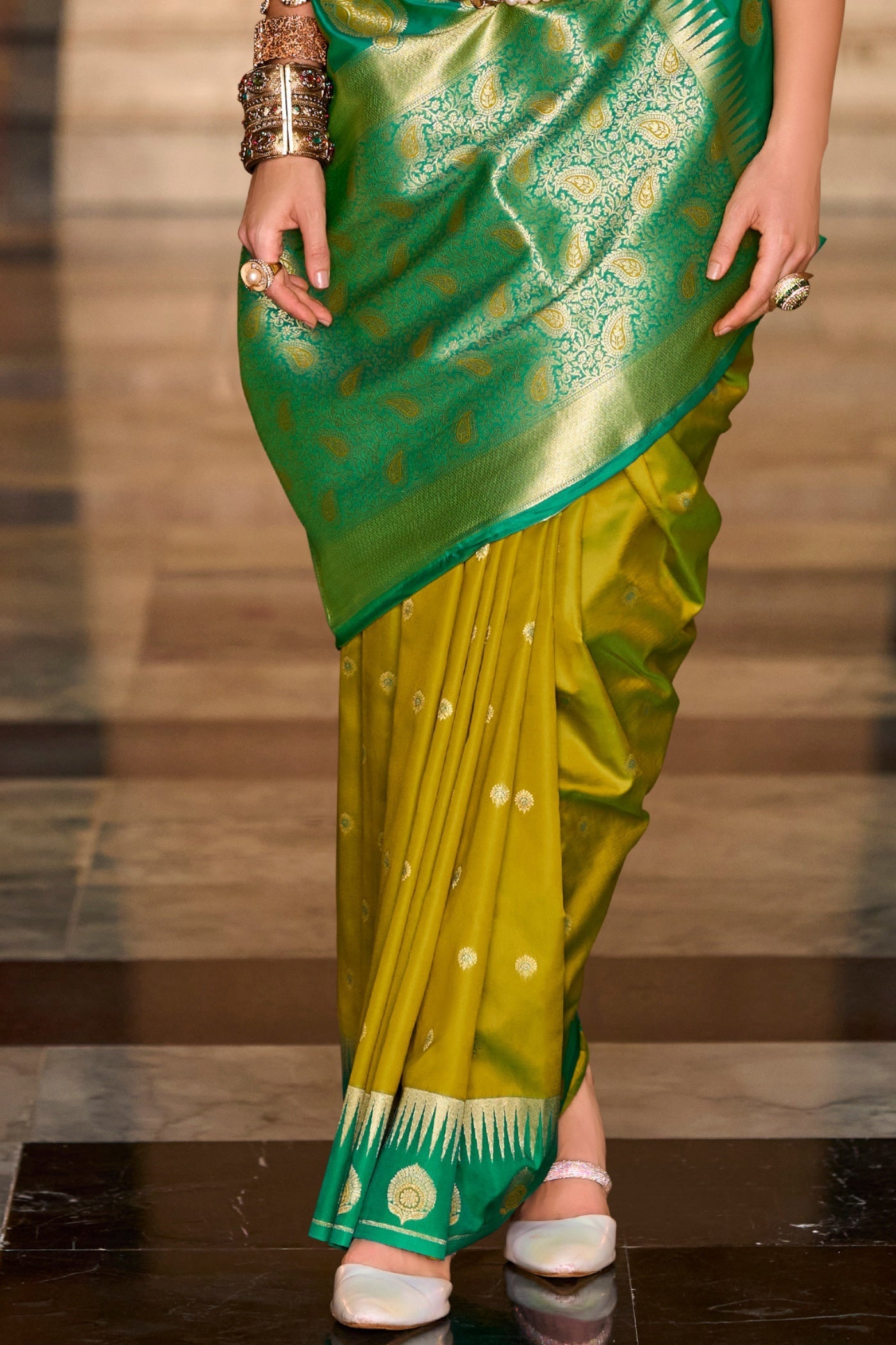 Cherry Zesty Green Pure Soft Banarasi Silk Weaving Saree