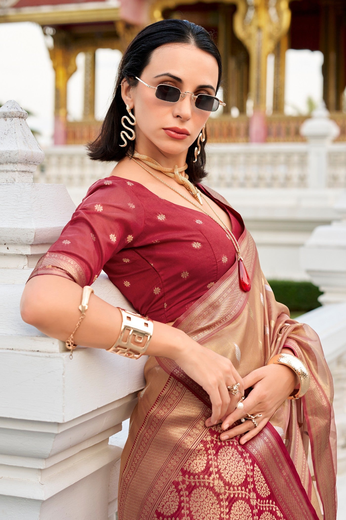Royal Red Tissues Silk Zari Booti Woven Saree