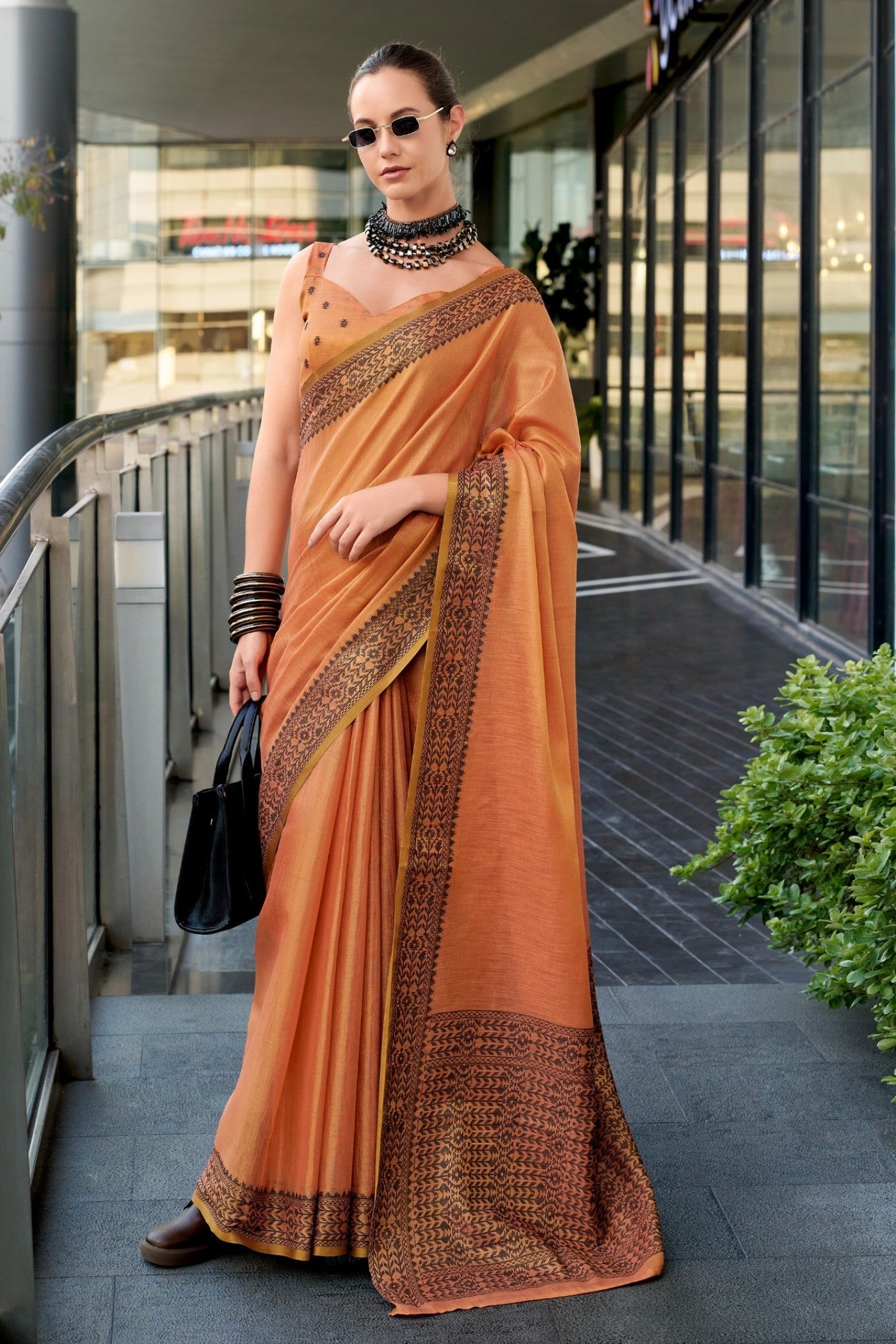 BlackBerry Orange Pure Linen Tissue Silk Woven Saree