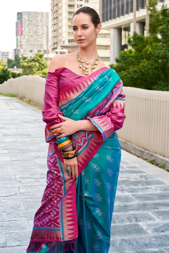 Qutub Minar Rama Pure Soft Banarasi Silk Ikkat Weaving Saree