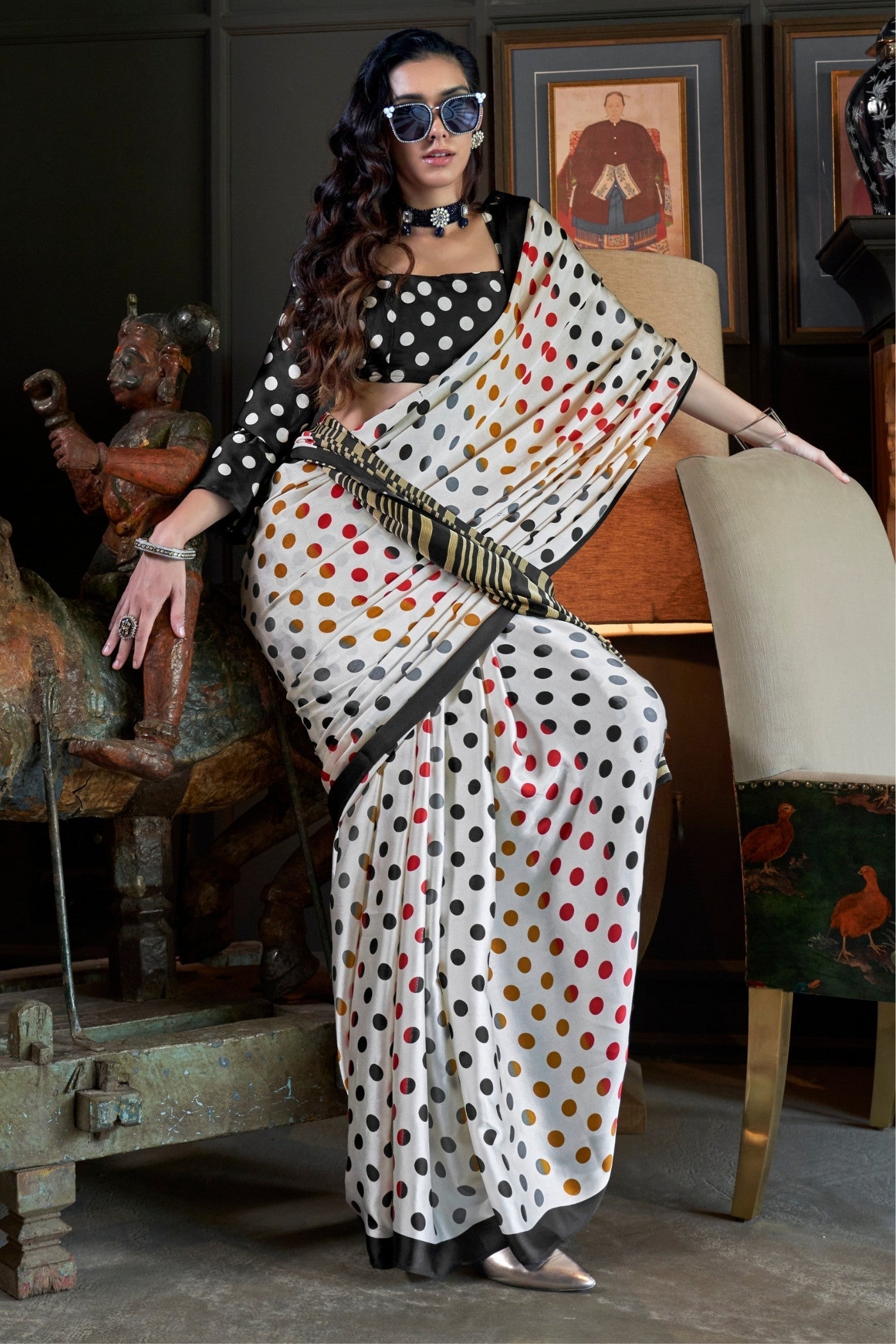 High-end Frost White and Midnight Black Ajrakh Patola Printed Satin Crepe Saree