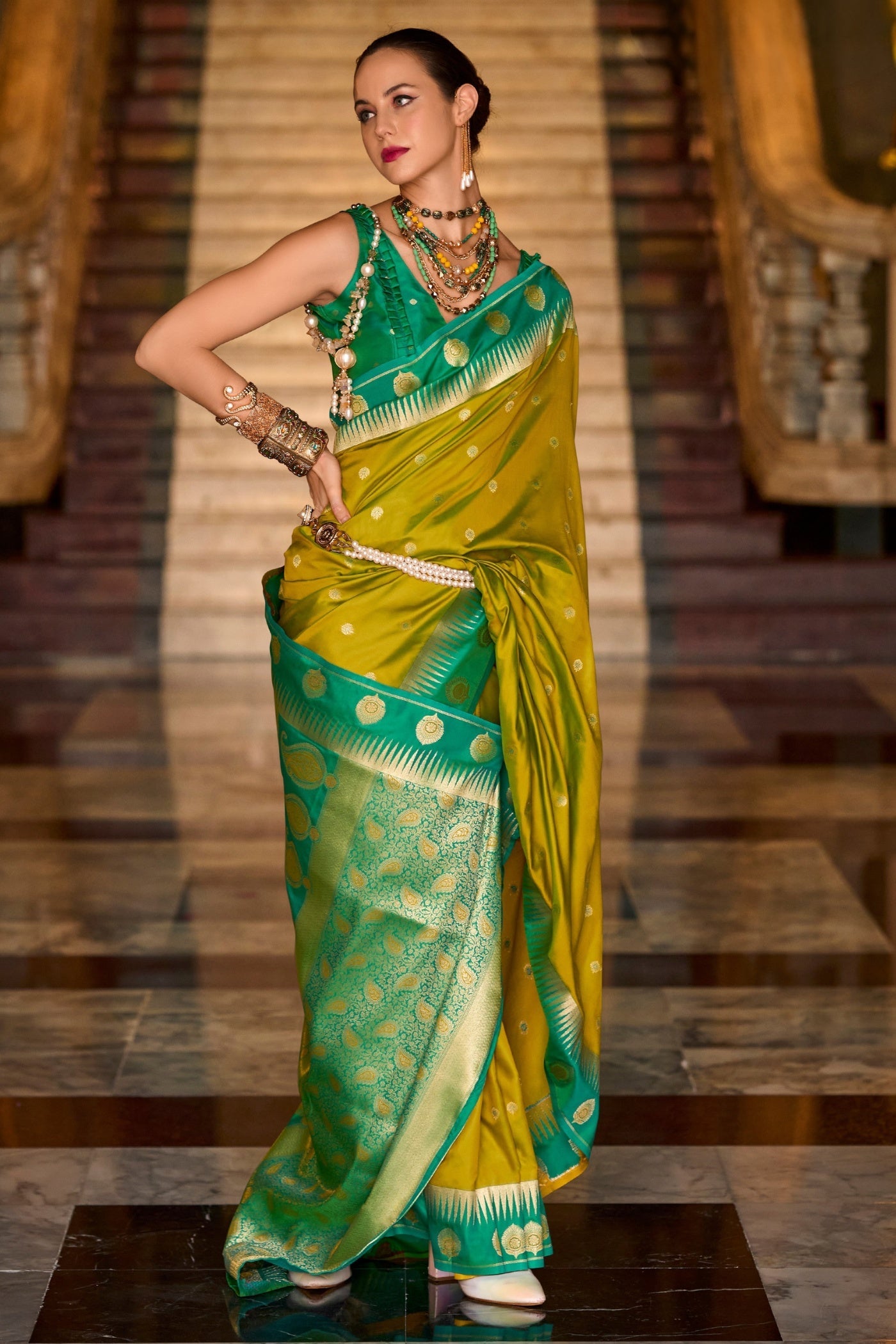Cherry Zesty Green Pure Soft Banarasi Silk Weaving Saree