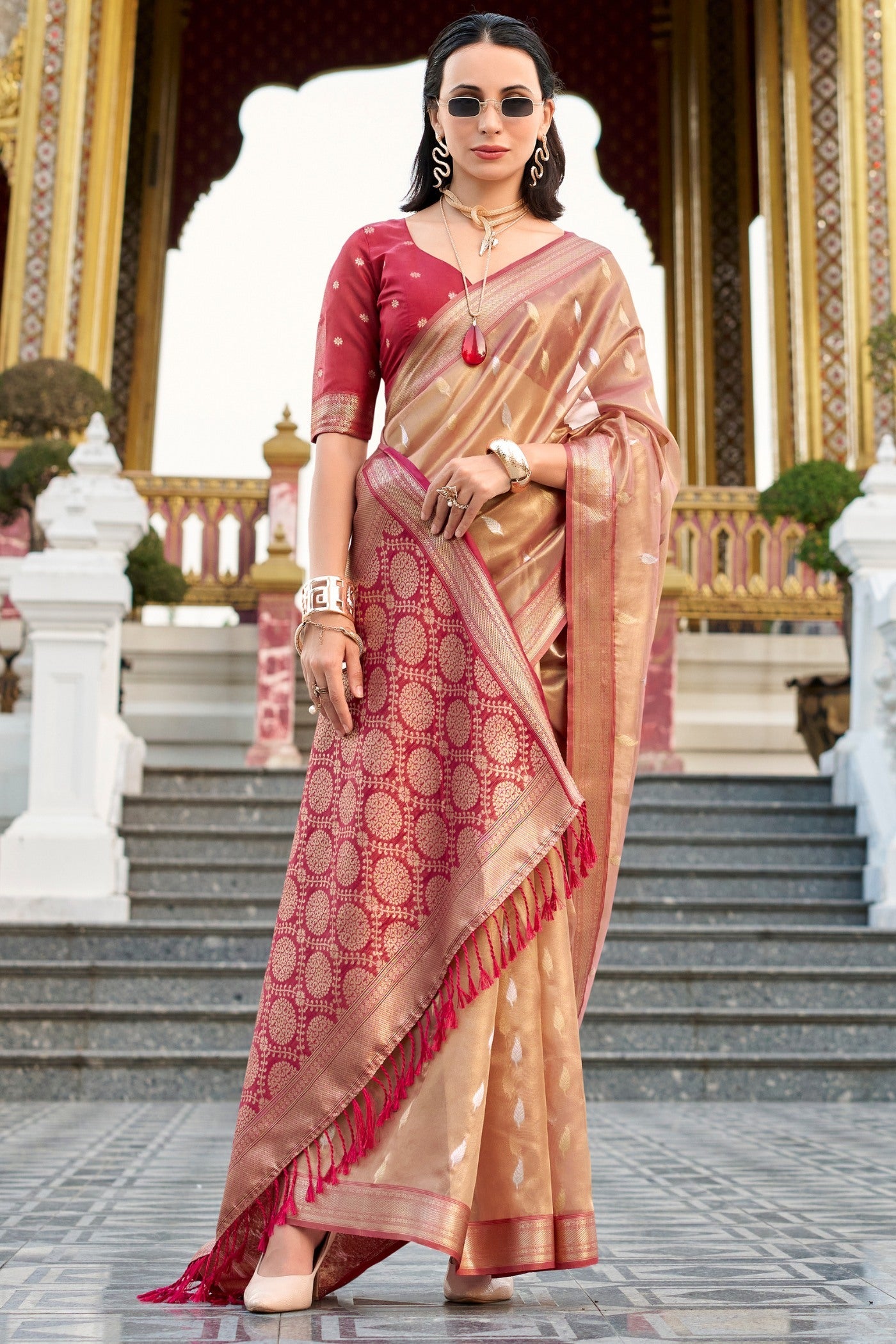 Royal Red Tissues Silk Zari Booti Woven Saree