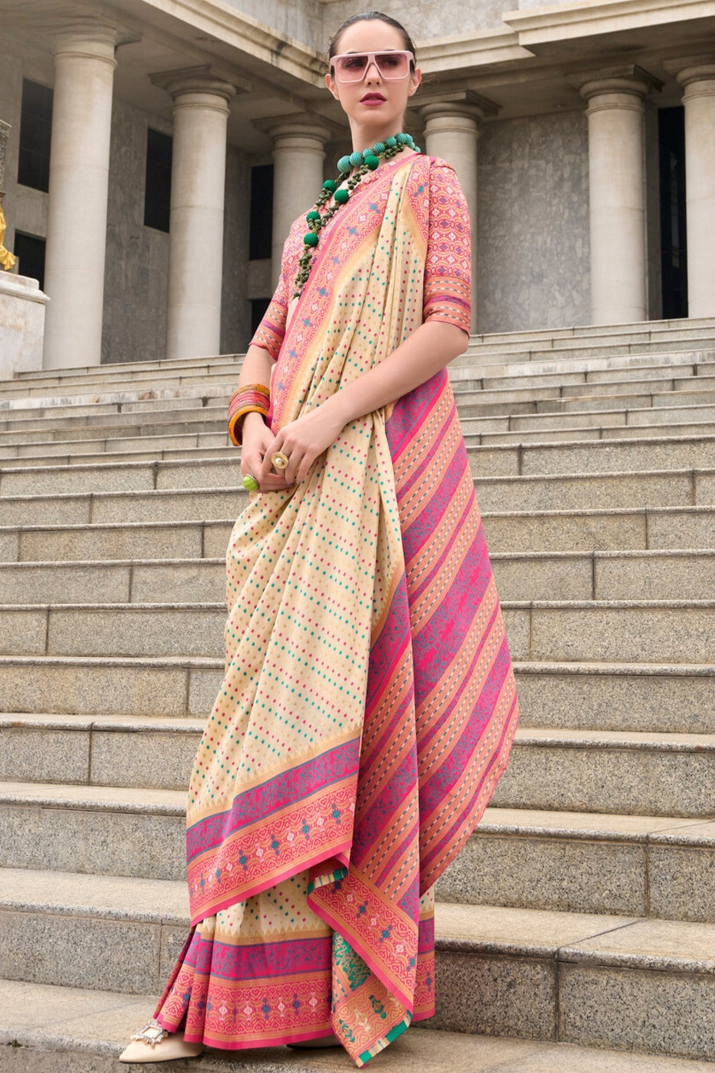 Rehana Cream Pure Soft Banarasi Silk Weaving Saree
