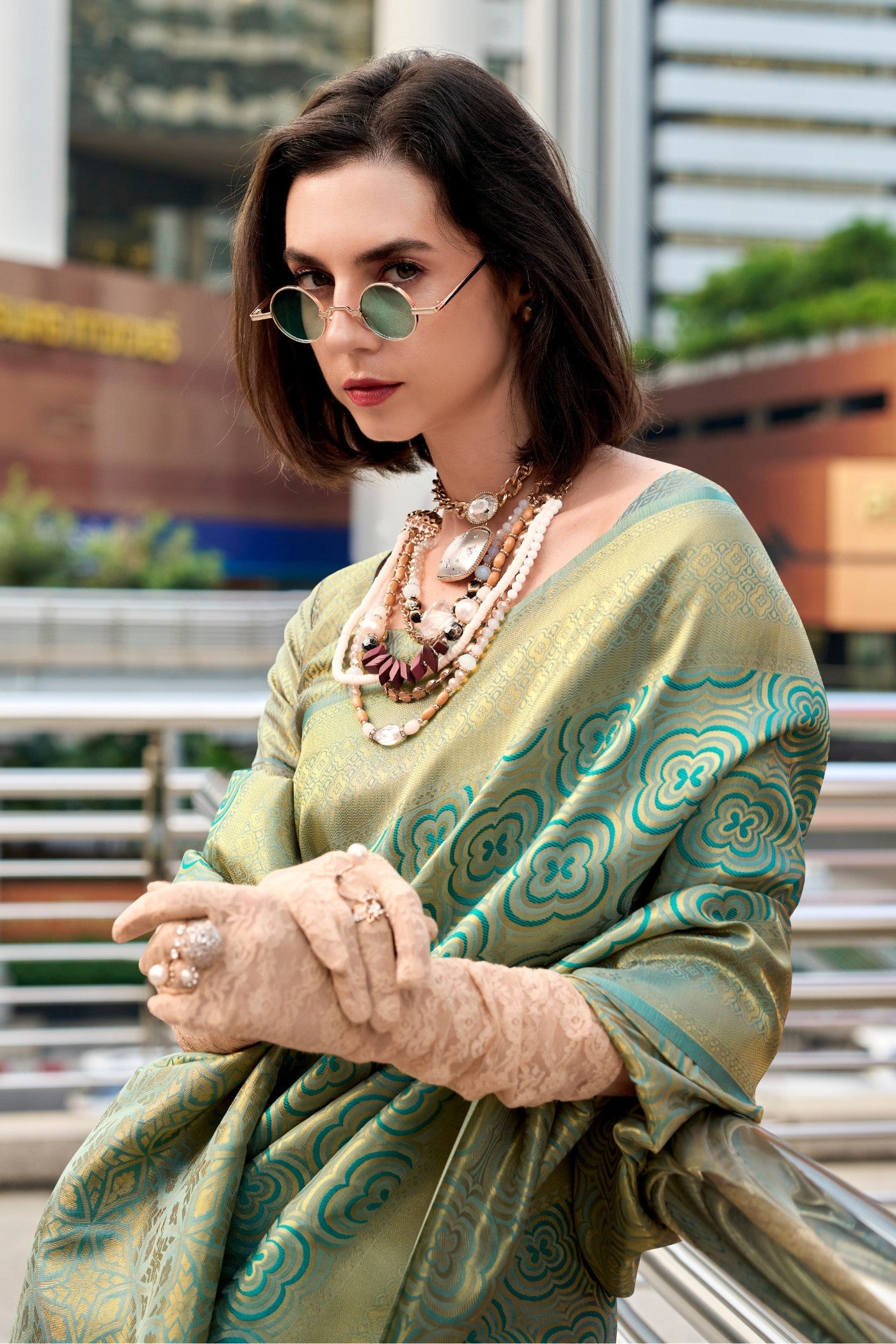 Butterscotch Green Kanchivaram Buttery Silk Weaving Saree