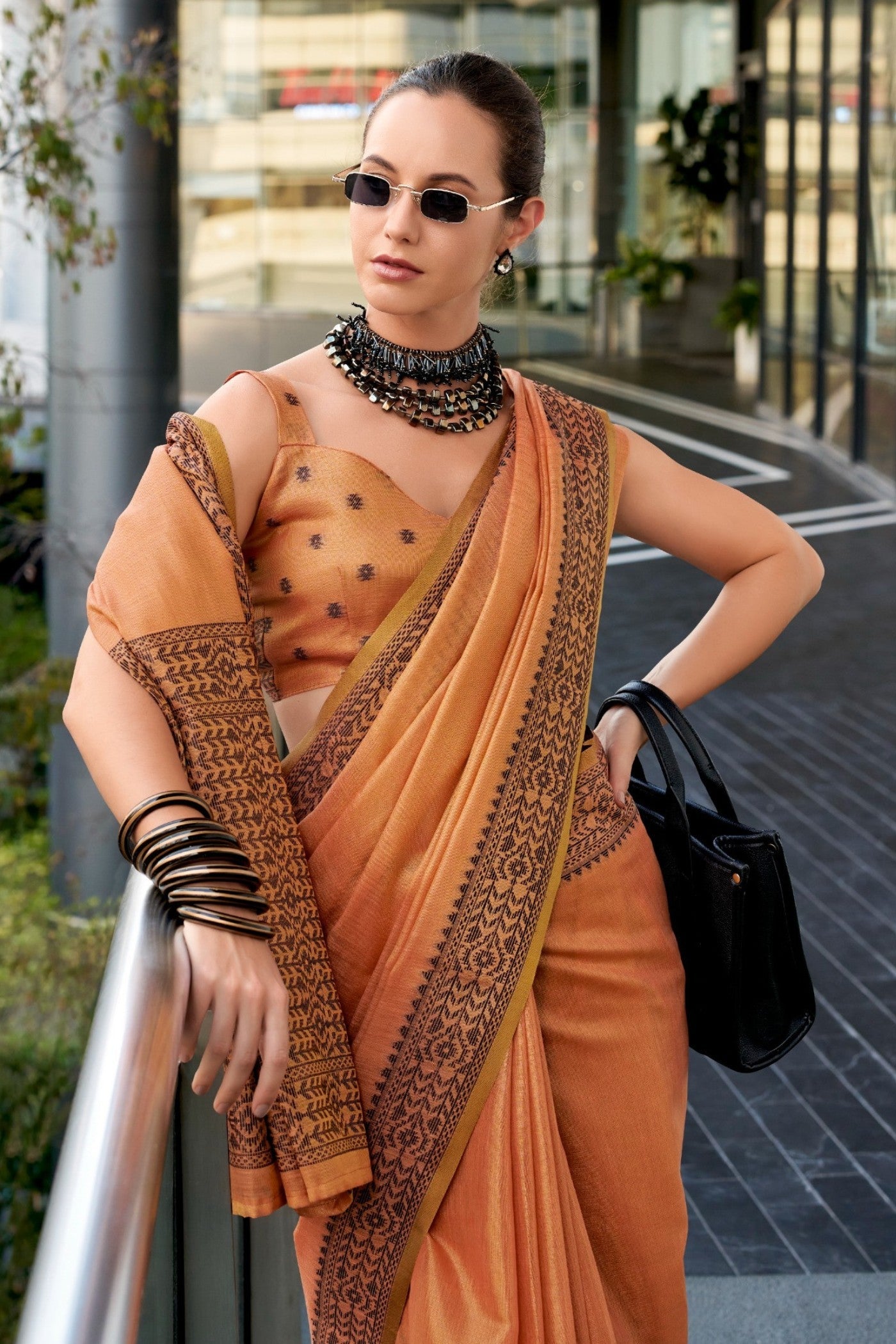 BlackBerry Orange Pure Linen Tissue Silk Woven Saree