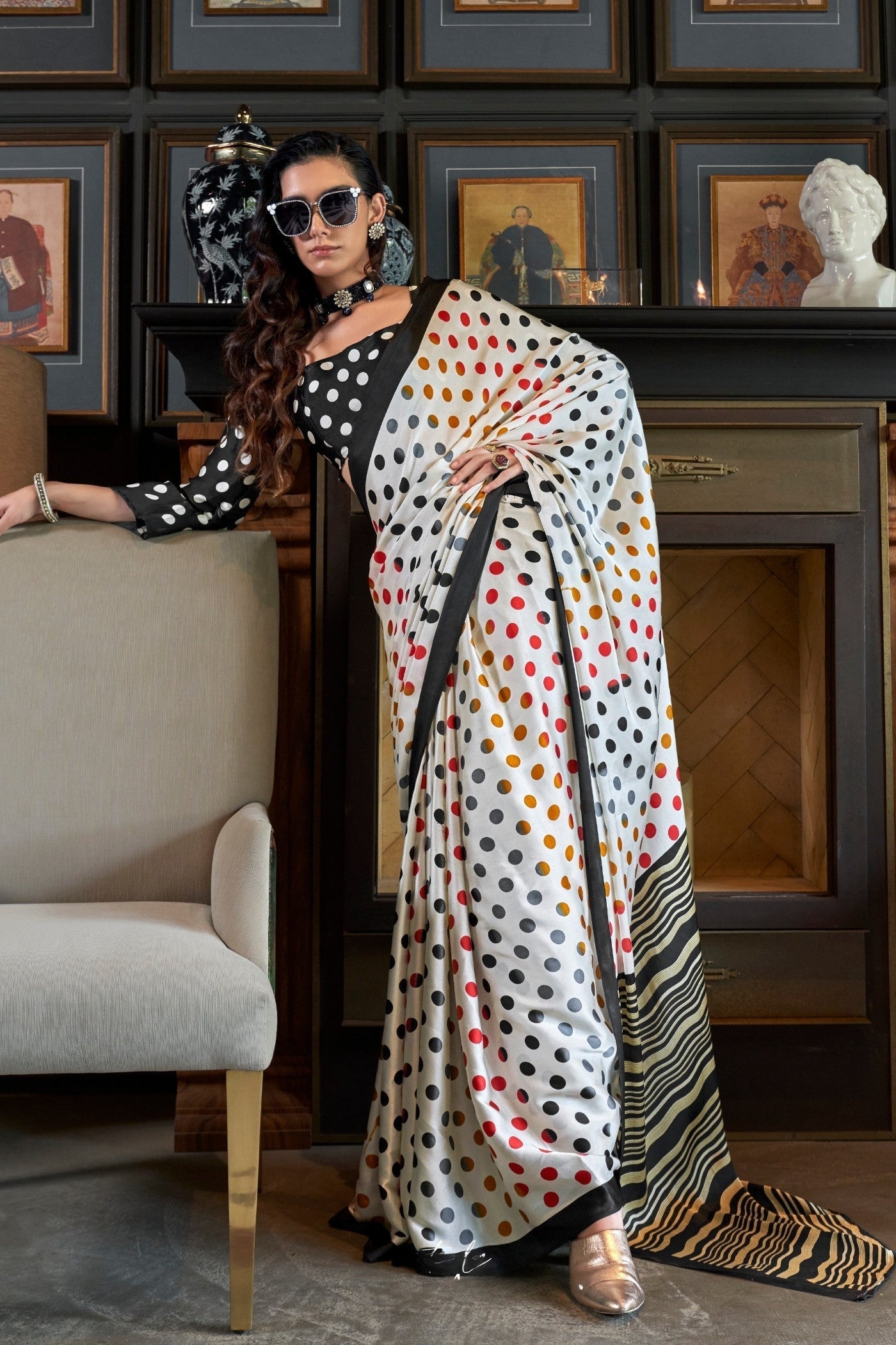 High-end Frost White and Midnight Black Ajrakh Patola Printed Satin Crepe Saree