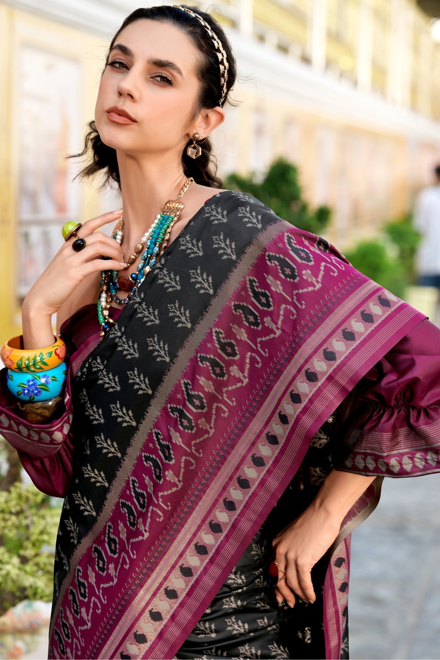 Taj Mahal Black Soft Banarasi Ikkat Silk Woven Saree