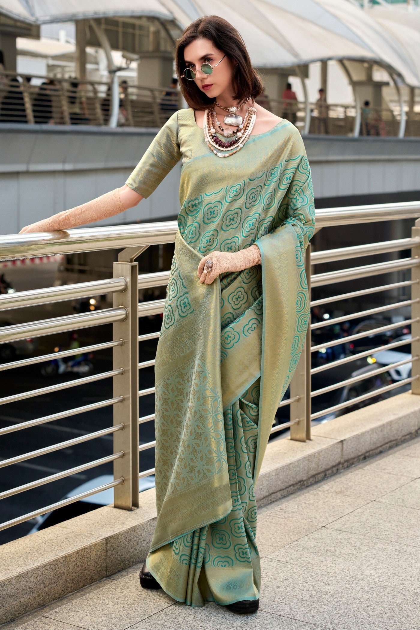 Butterscotch Green Kanchivaram Buttery Silk Weaving Saree