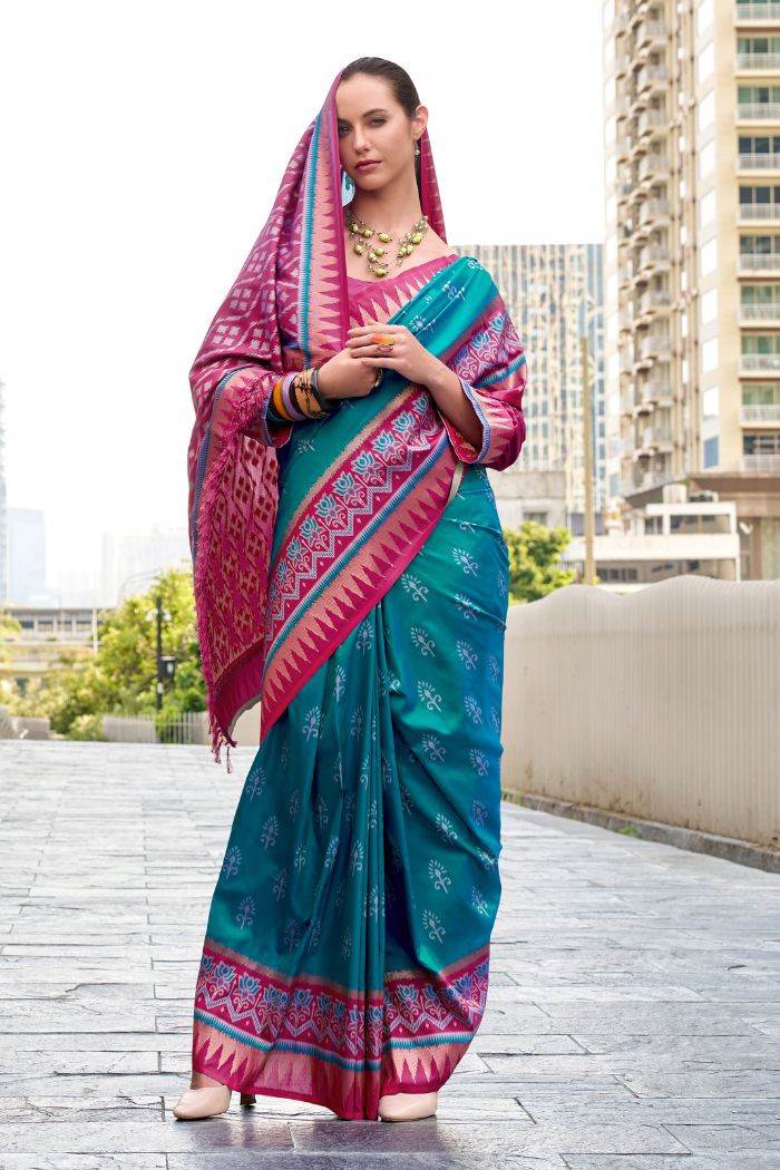 Qutub Minar Rama Pure Soft Banarasi Silk Ikkat Weaving Saree