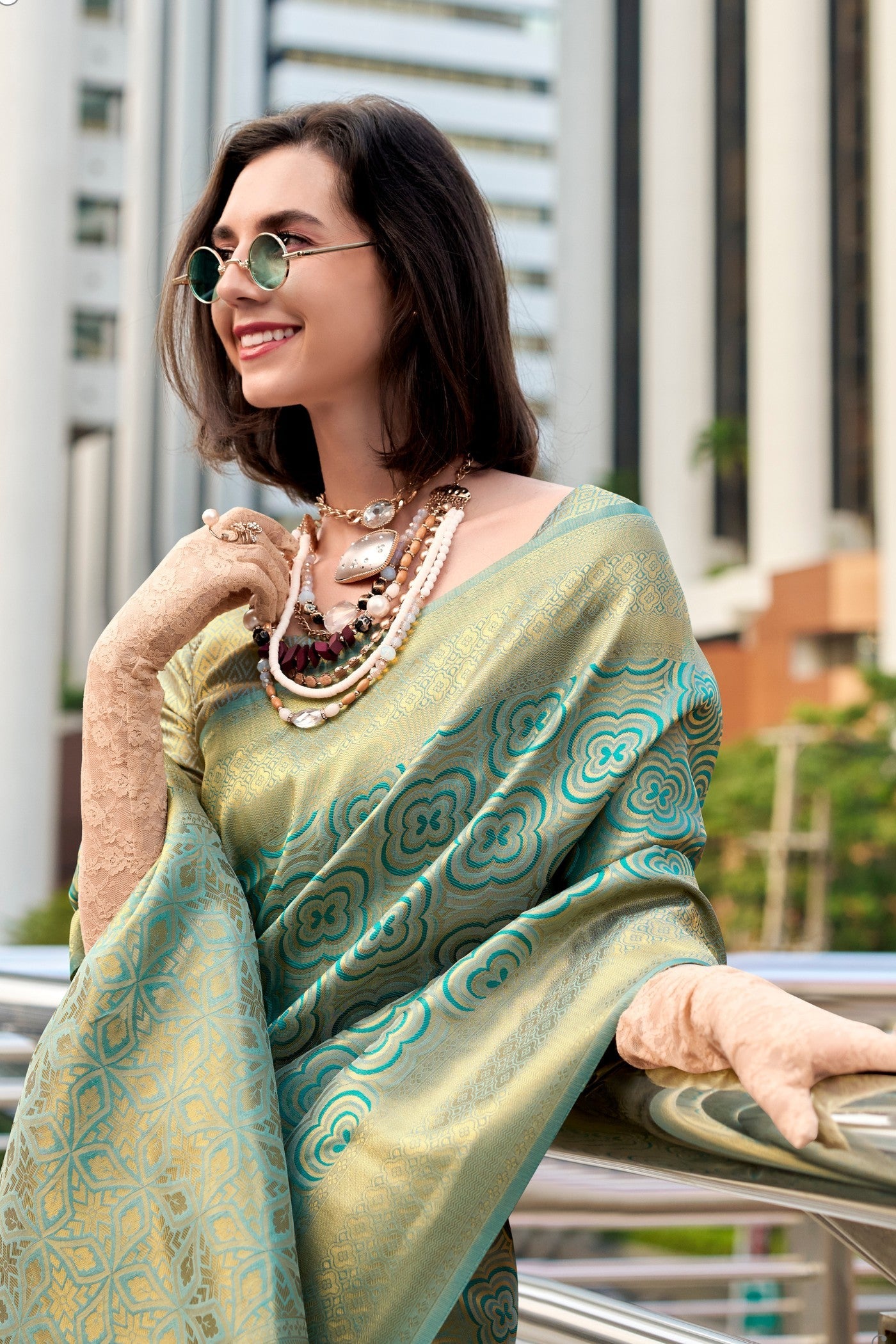 Butterscotch Green Kanchivaram Buttery Silk Weaving Saree
