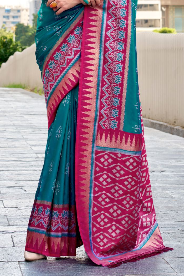 Qutub Minar Rama Pure Soft Banarasi Silk Ikkat Weaving Saree