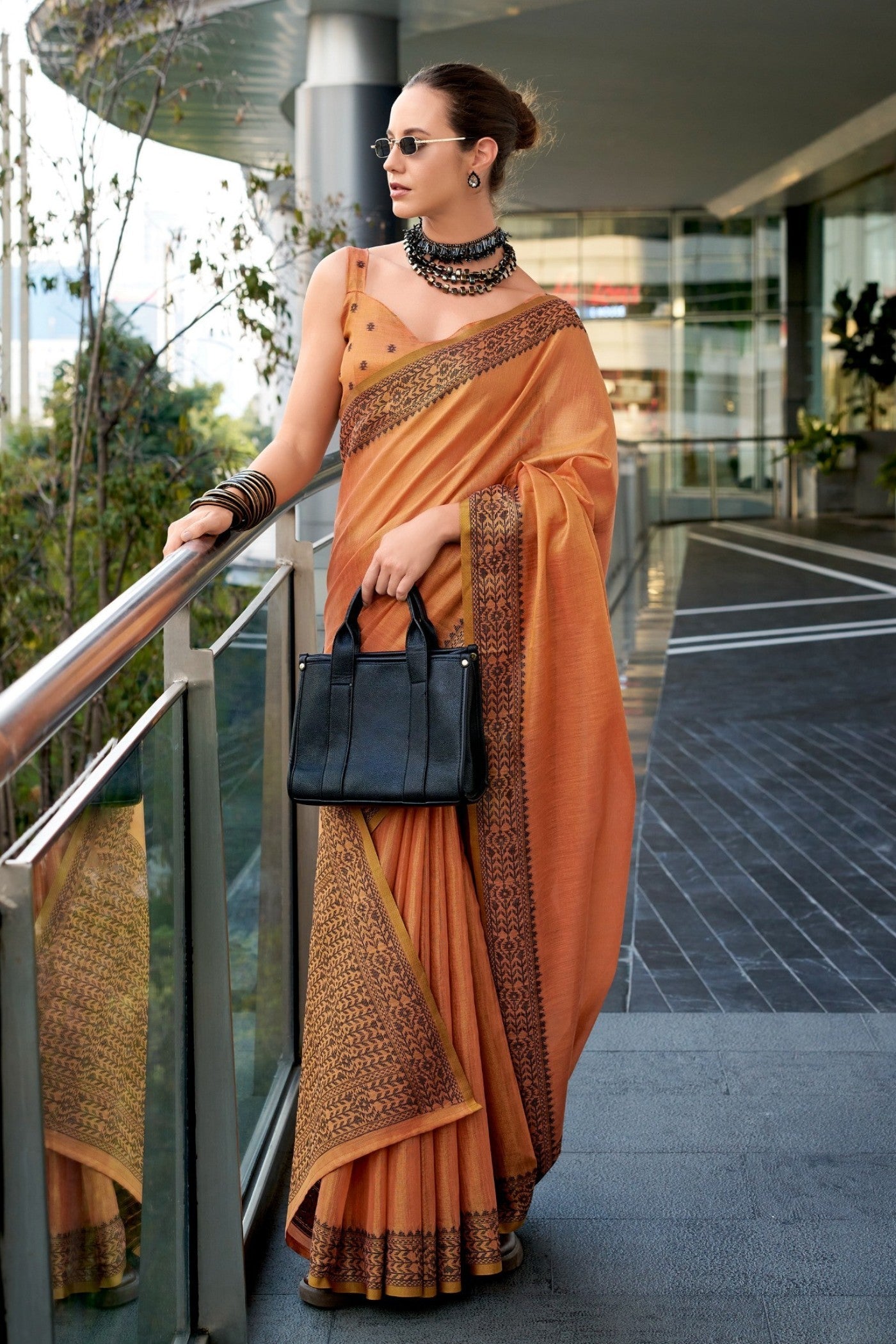 BlackBerry Orange Pure Linen Tissue Silk Woven Saree